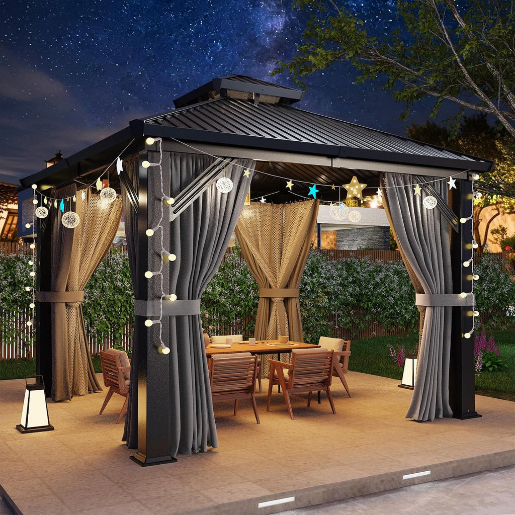 Polar Aurora 10'x10' Outdoor Gazebo Hardtop Grill Gazebo Aluminum Galvanized Steel Double Roof Outdoor Pergola Include Curtain and Netting for Backyard, Patio, Lawn