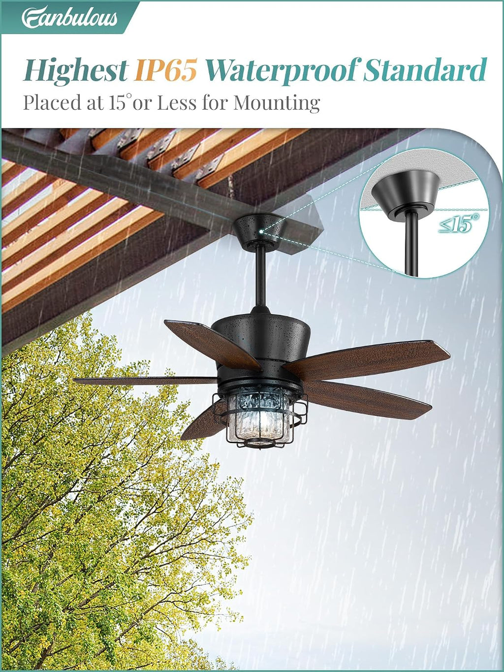 Fanbulous 42' Outdoor Ceiling Fans with Lights and Remote Control,IP65 Wet Rated Waterproof Ceiling Fan with 6-Speed DC Motor, Farmhouse Gazebo Fan for Porch Patios Pavilion（Black）