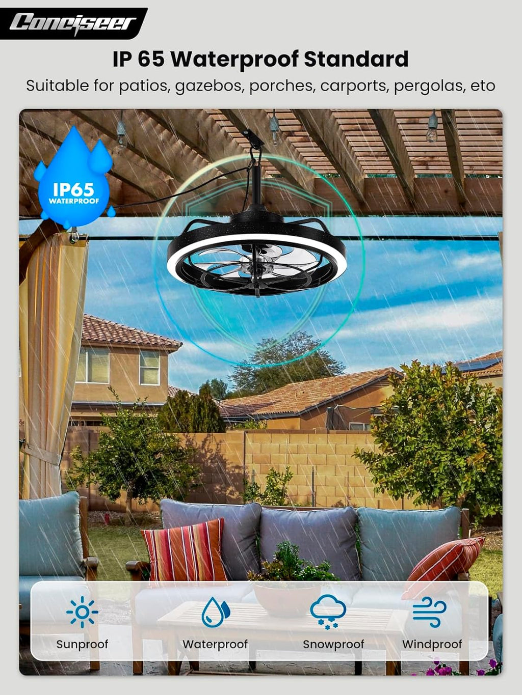 Conciseer Outdoor Ceiling Fan with Light for Patio, 20' Waterproof All-Weather Plug-in Hanging Fan, Smart APP/Remote Control, 3CCT Dimmable LED, Caged Design for Gazebo, Pergola, Porch