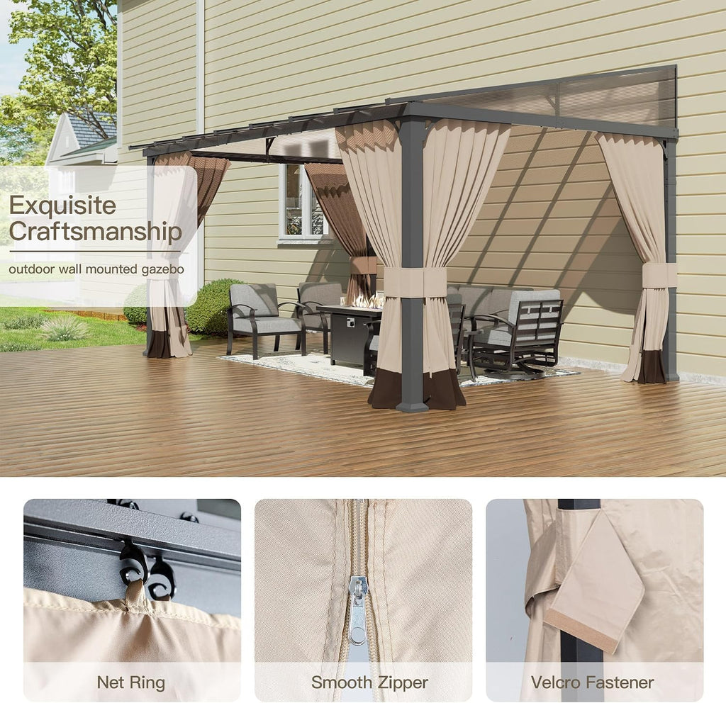 10' x 14' Gazebo for Patio,Wall Mounted Gazebo with Sloping Polycarbonate Roof,Aluminum Frame Outdoor pelgole w/Netting & Curtain for Garden,Deck,Backyard,Khaki