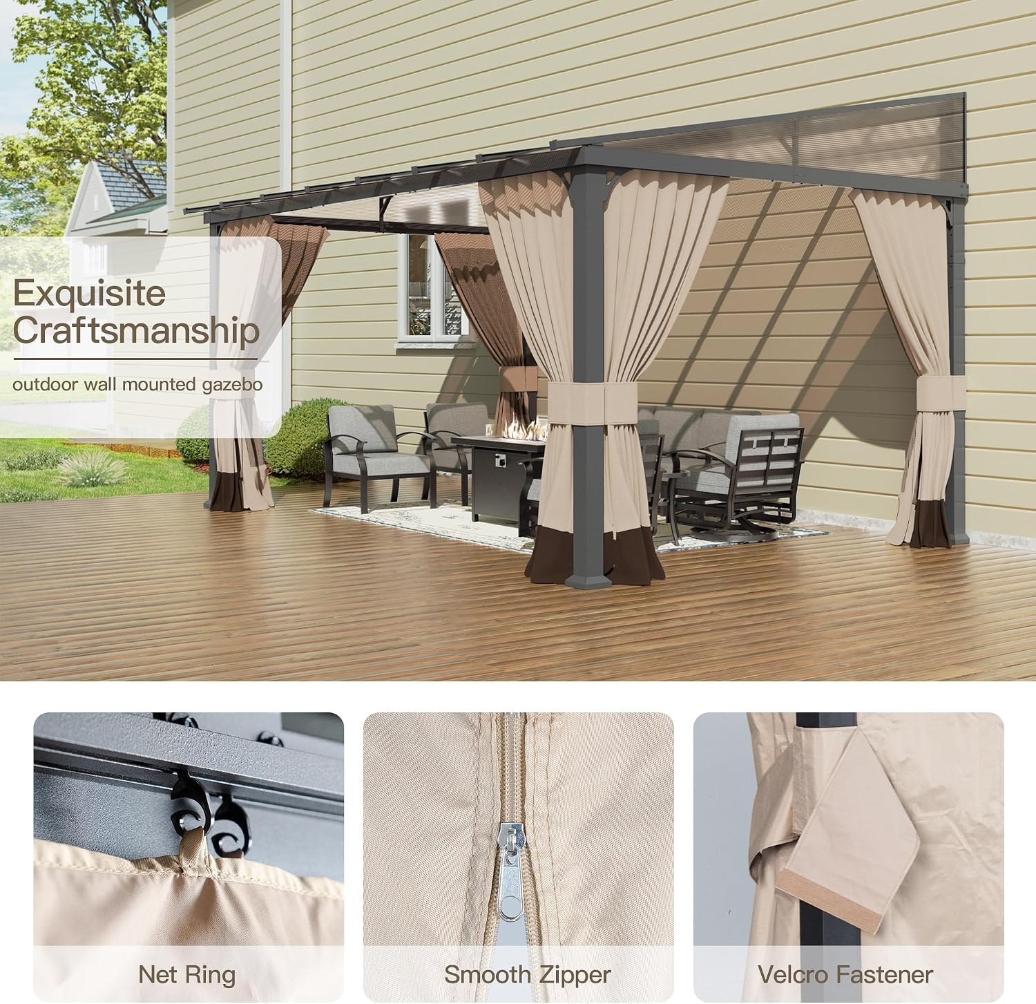10' x 14' Gazebo for Patio,Wall Mounted Gazebo with Sloping Polycarbonate Roof,Aluminum Frame Outdoor pelgole w/Netting & Curtain for Garden,Deck,Backyard,Khaki