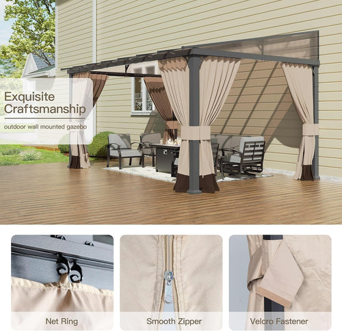 10' x 14' Gazebo for Patio,Wall Mounted Gazebo with Sloping Polycarbonate Roof,Aluminum Frame Outdoor pelgole w/Netting & Curtain for Garden,Deck,Backyard,Khaki