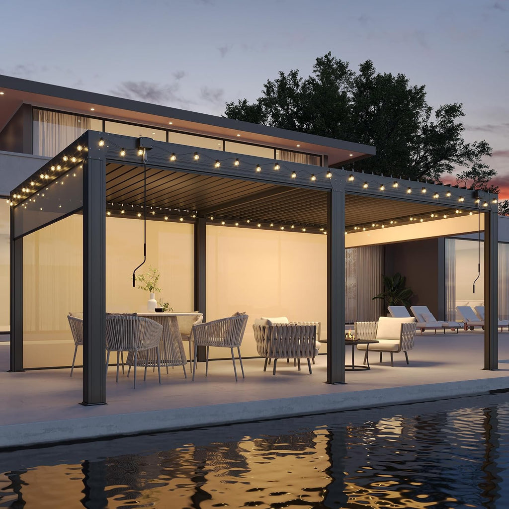 EROMMY 12x20 Louvered Pergola with Side Pull-Down Screen, Outdoor Aluminum Pergola with Thickened Frame and Adjustable Metal Rainproof Roof for Deck Patio Garden Yard, Black-Gray