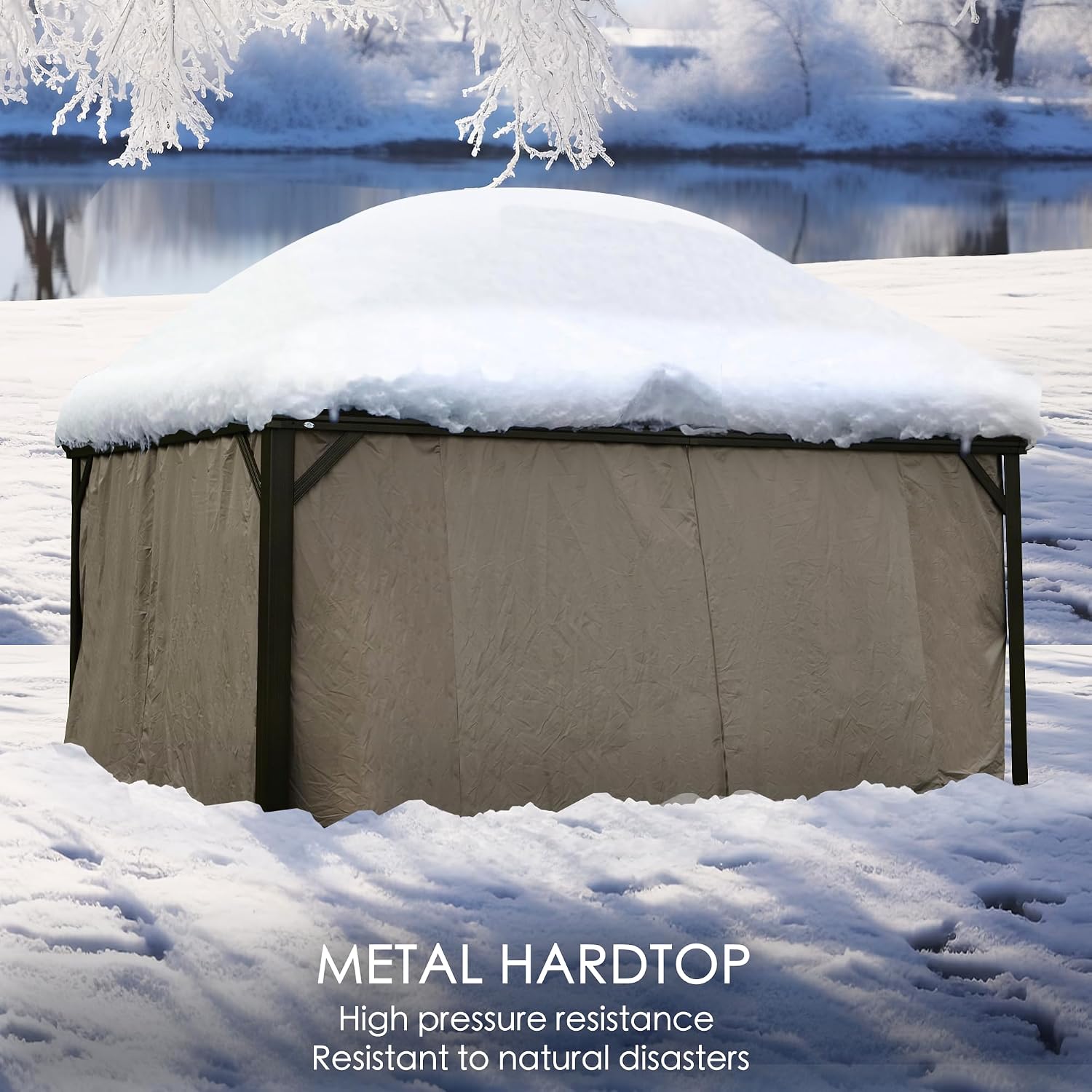 Kozyard Alexander 12' x 18' Hardtop Gazebo, Aluminum Frame with Galvanized Steel Double Roof, Outdoor Permanent Pavilion with Curtains and Netting for Patio, Backyard, Deck, Lawn(Brown)