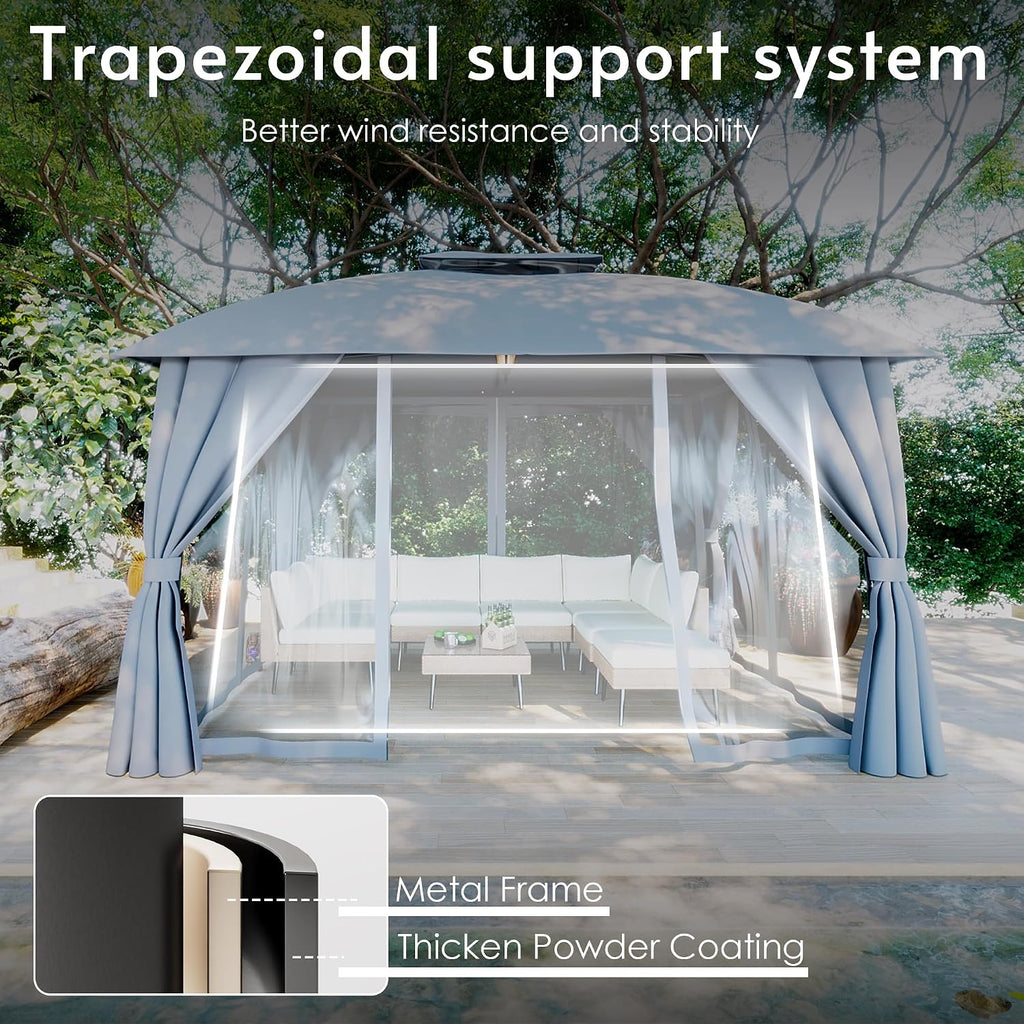 Gazebo 10x12(Canopy Size) with Mosquito Netting & Privacy Screens. Double Roof Design Outdoor Gazebo with Trapezoidal Support System for Patio, Deck, Backyard, Garden & Lawns