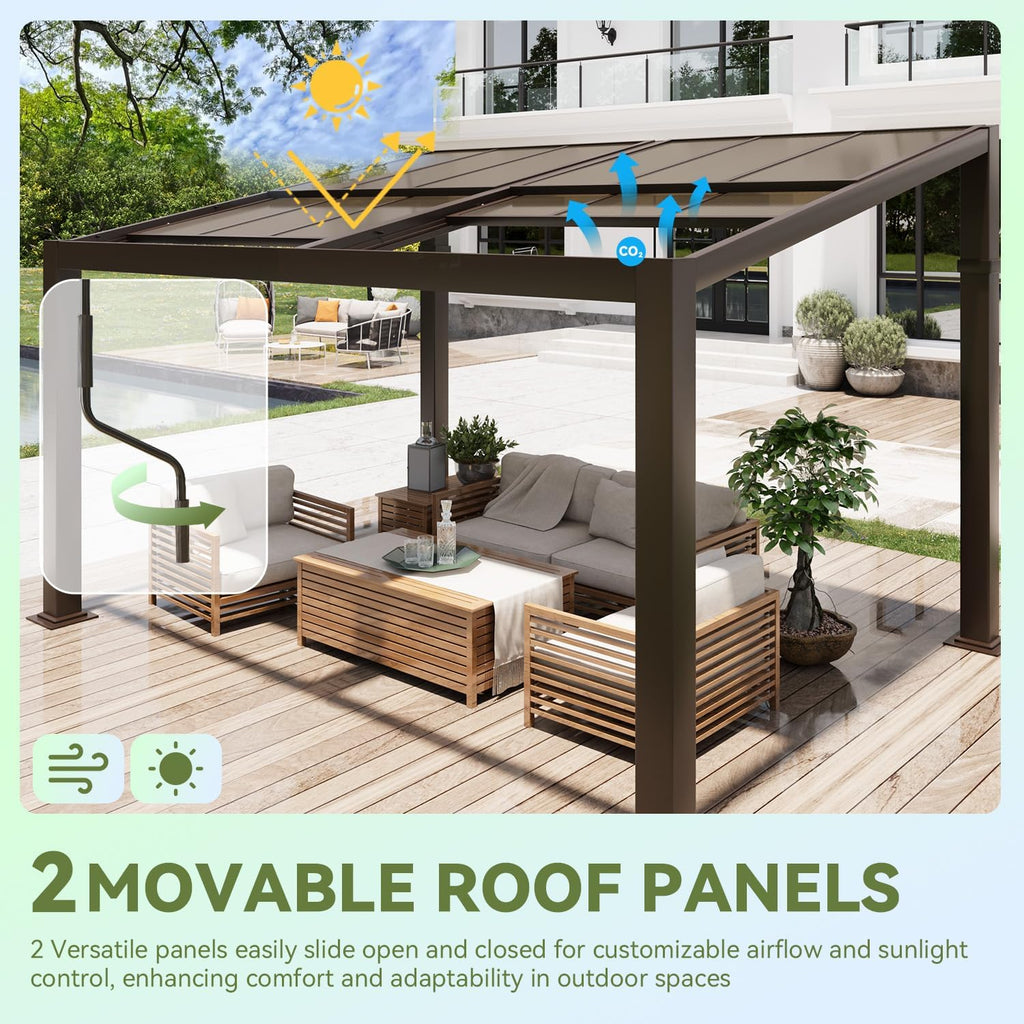 Gazebo 10'x13' with Adjustable Polycarbonate Roofs, All Aluminum Frame Permanent Pergola for Patio, Outdoor Freestanding Shelter, Dark Brown
