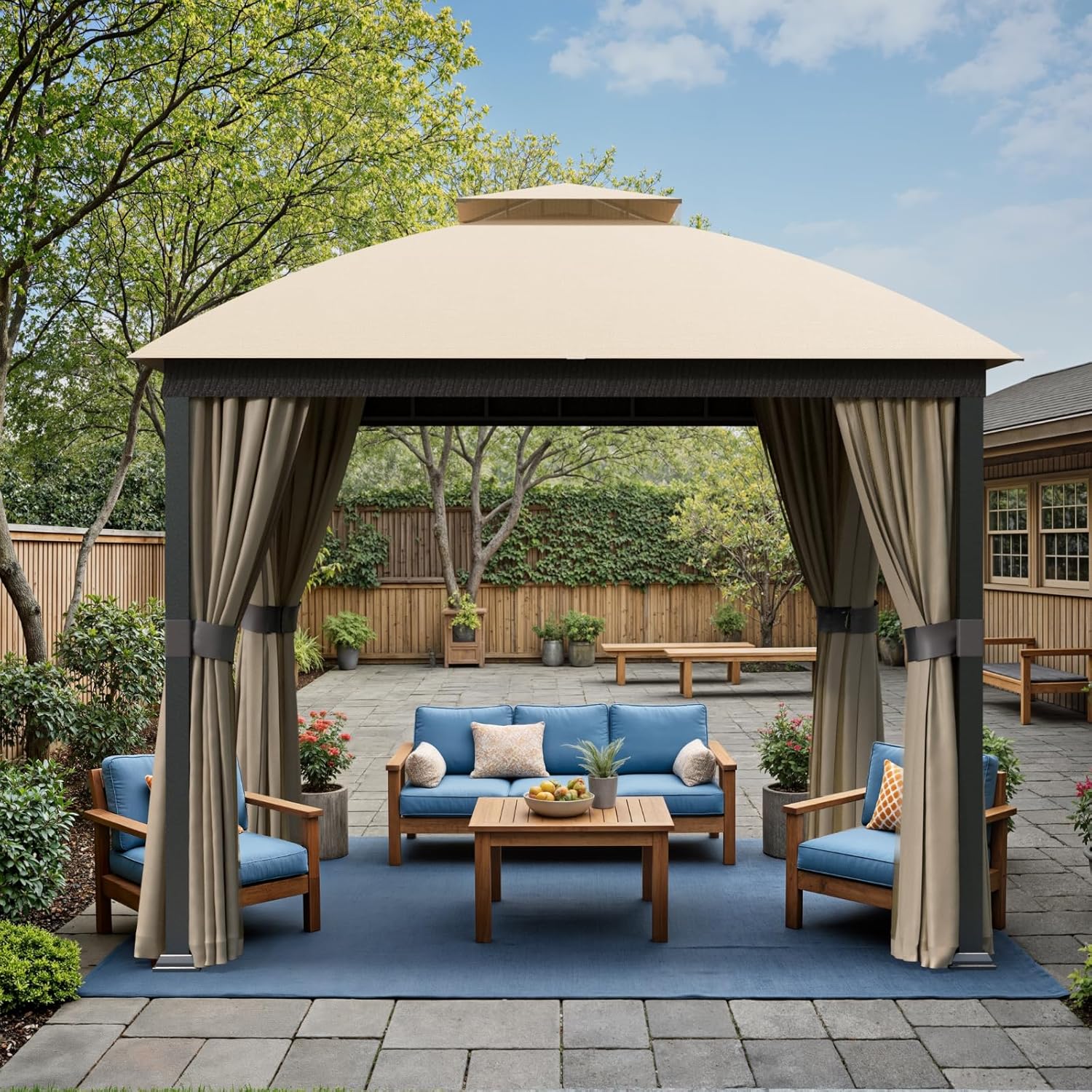 Patio Gazebo 10x10, Outdoor Gazebos, Heavy Duty Gazebo Soft Top Gazebos, Double Roofs Anti-UV Shelter Gaze bo for Patio Deck Backyard Garden Lawns