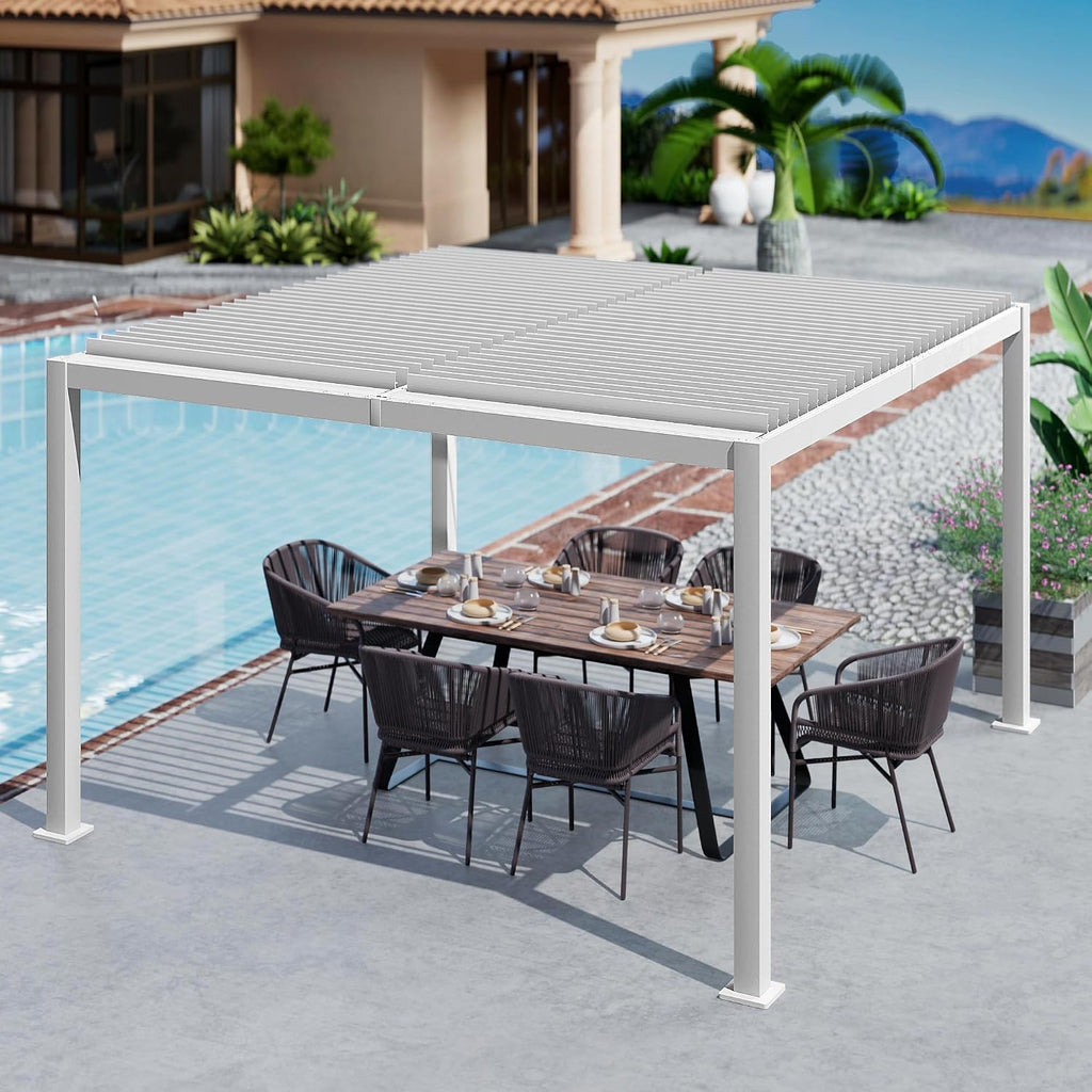 Kozyard Outdoor Louvered Pergola 12' x 12' Pergola Sun Shade All-Weather Aluminum Packing Shelter with Drainage System Adjustable Roof Waterproof for Poolside Balcony Patio Garden Yard White