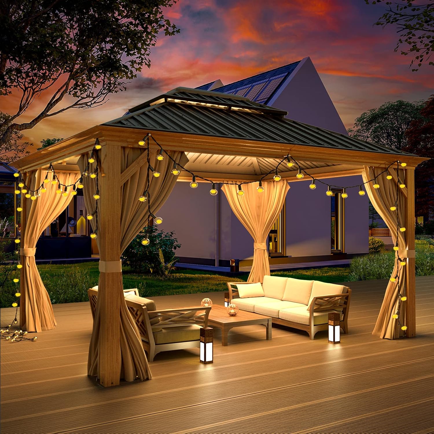 MELLCOM 10' x 12' Hardtop Gazebo, Wooden Finish Coated Aluminum Frame Gazebo with Galvanized Steel Double Roof, Outdoor Permanent Metal Pavilion with Curtains and Nettings for Patio, Lawn & Garden