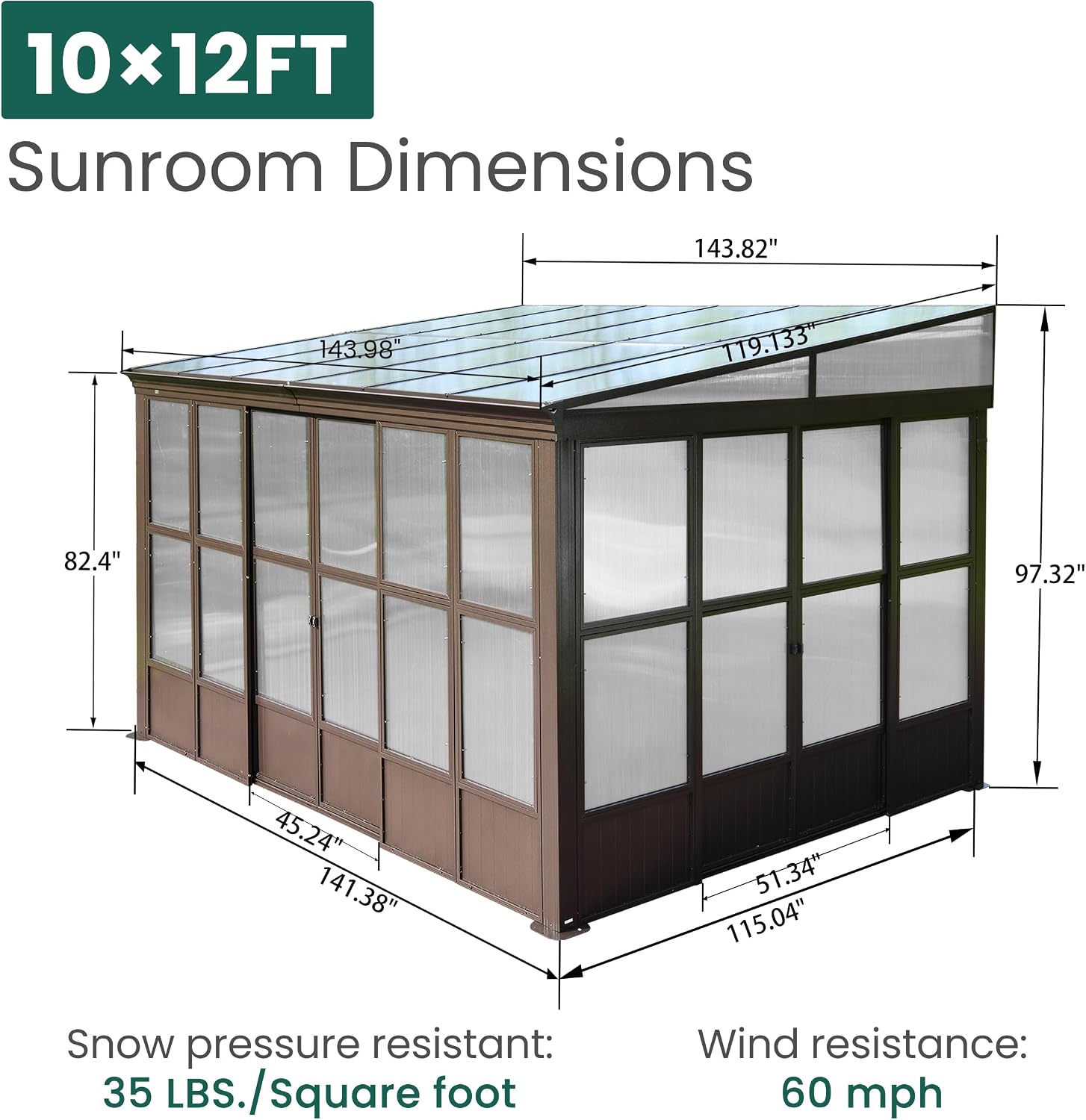 Domi 10x12FT Wall Mounted Sunroom, Wall Solarium with Aluminum PC Sloping Roof, Detachable PC Screen House, Lockable Sliding Front and Side Doors, Outdoor Lean-to Gazebo, Sun Room for Deck Patio