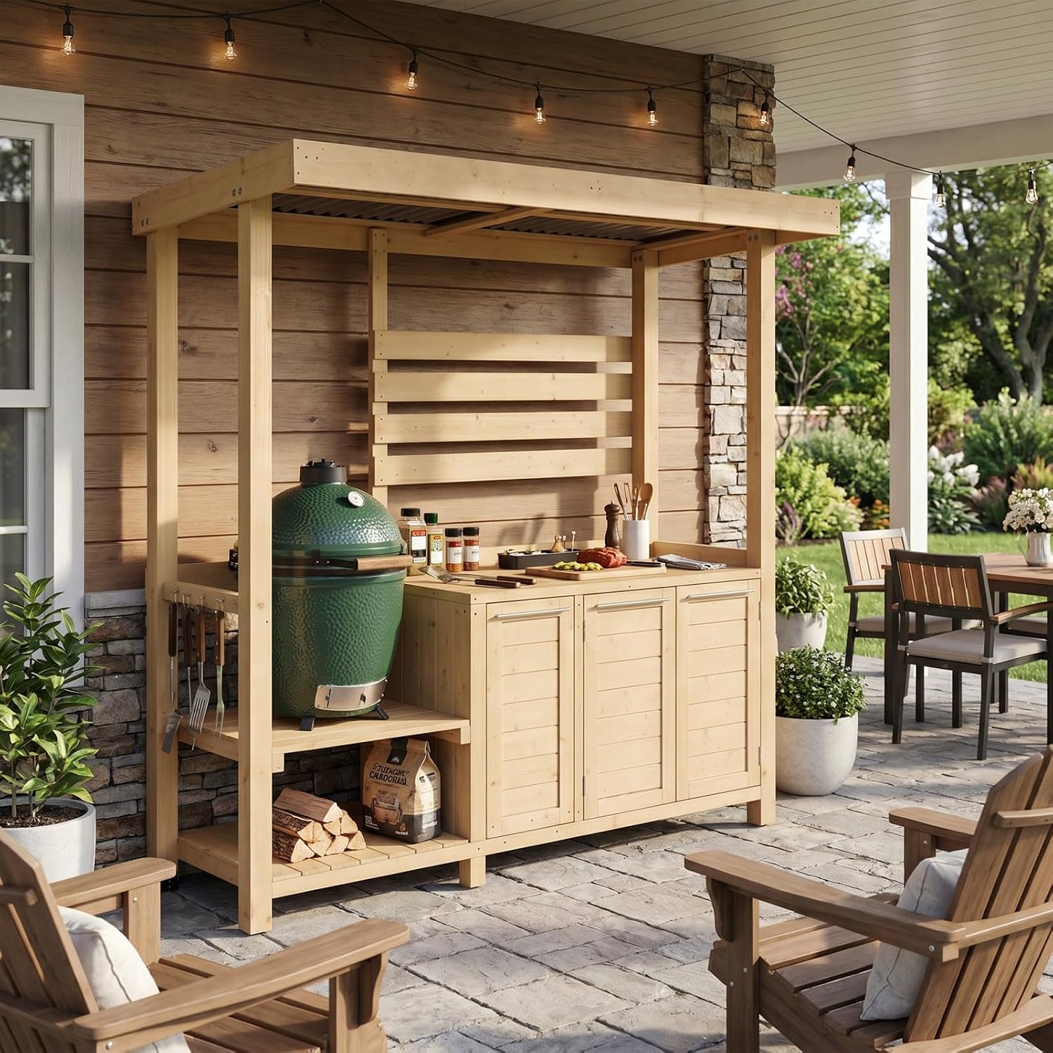 MOUMON 6.7FT Outdoor Grill Gazebo with Trash Bin Cabinet, Cedar Wood BBQ Pavilion with Shelves & Cabinet, Patio Entertain Shade Pavilion for Backyard Garden Beige