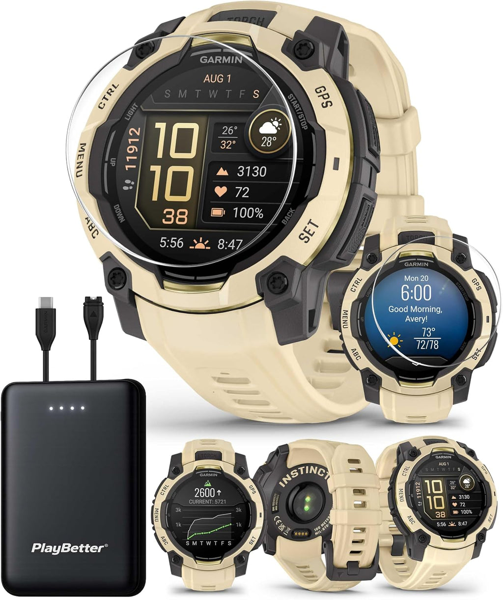 Garmin Instinct 3 Alpine Rush AMOLED (Citrine, 45 mm) Outdoor GPS Smartwatch Bundle - Built-in Flashlight, 24/7 Health & Wellness Monitoring with PlayBetter Portable Charger & HD Screen Protectors