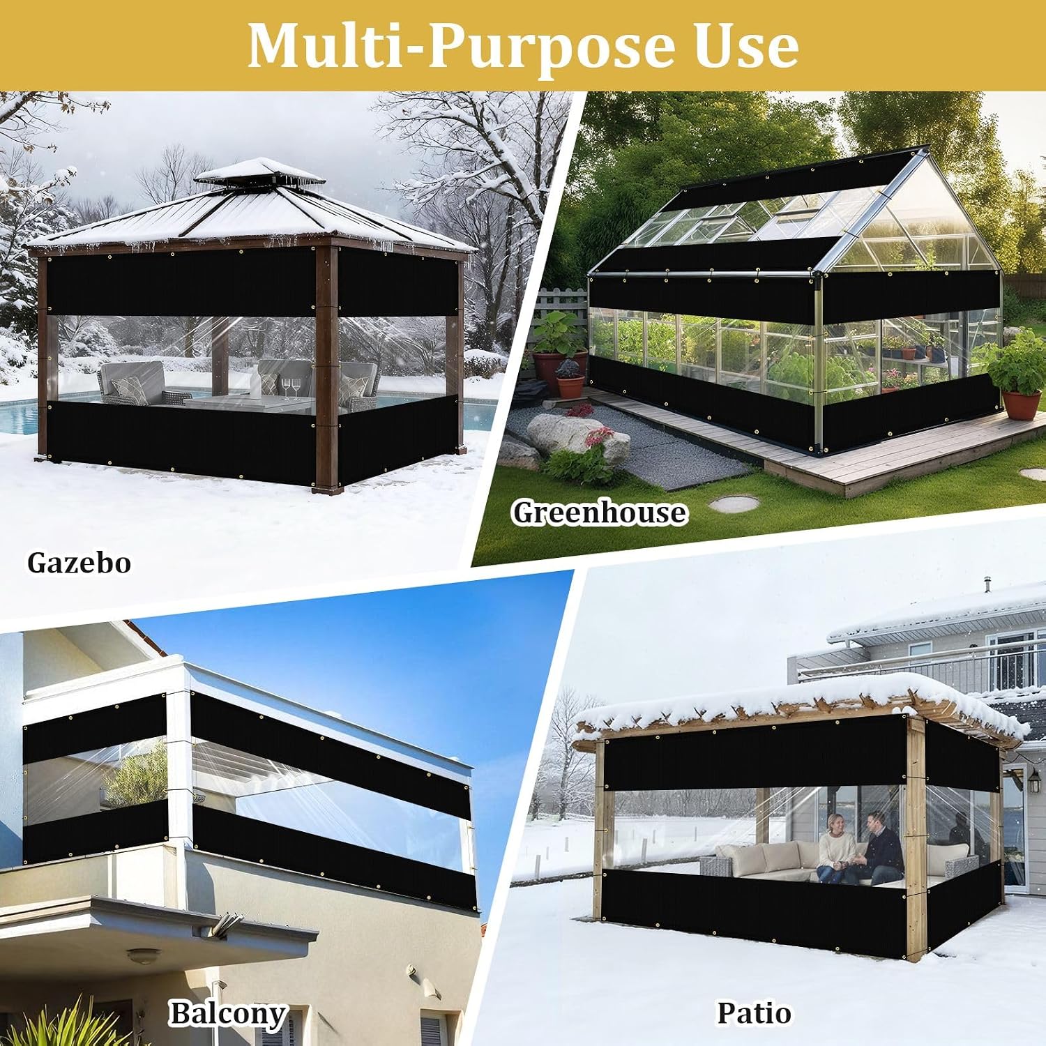 Shade&Beyond Outdoor Vinyl Curtain, 4'W x 12'L Heavy Duty Clear Tarp with Grommets Waterproof, Privacy Clear Panel UV-Resistant for Pergola Gazebos Porch Enclosure Patio(Customized Size, Black)