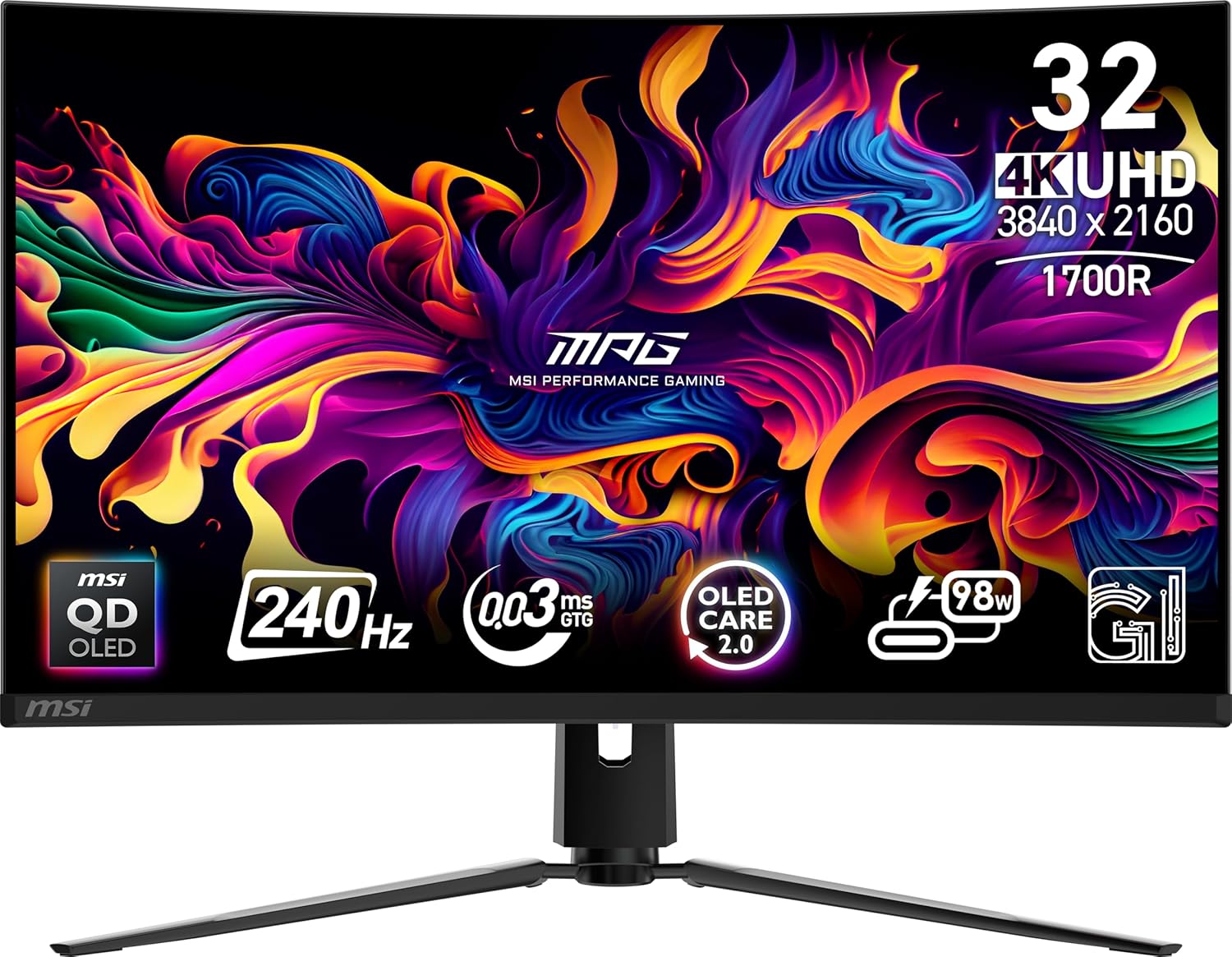 msi MPG 321CURX QD-OLED, 32-Inch,4K UHD, 3840x2160,1700R,OLED Monitor, 240Hz,0.03ms, DisplayHDR True Black 400, G-SYNC™ Compatible, HDMI™ 2.1, DP 1.4a, USB C (98W PD),Height Adjustable, Black