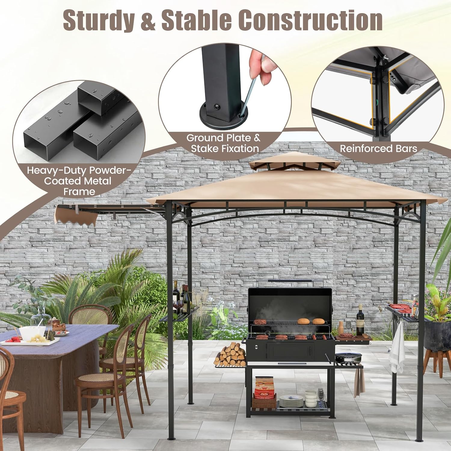 HAPPYGRILL Outdoor Grill Gazebo Canopy 11 x 5 FT, Barbecue Canopy with Double-Tiered Top, 2 Side Shelves, Hanging Hooks, Bottle Opener, Metal Frame, BBQ Grilling Shelter
