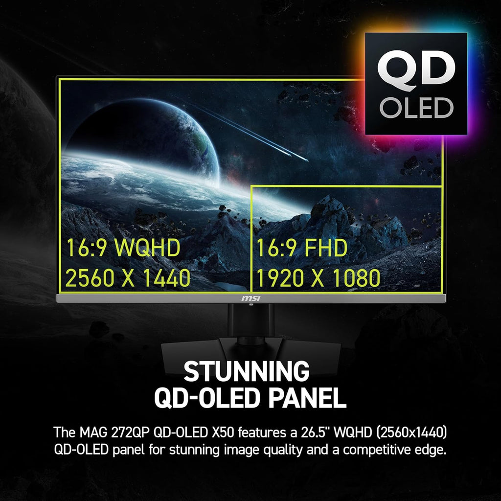 msi, MAG 272QP QD-OLED X50, 27-Inch, WQHD, 2560x1440, Gaming Monitor, Quantum Dot OLED Panel, 500Hz, 0.03ms, DisplayHDR True Black 500, HDMI 2.1, DP 1.4a, USB C (15WPD), Tilt/Height Adjustable, Black