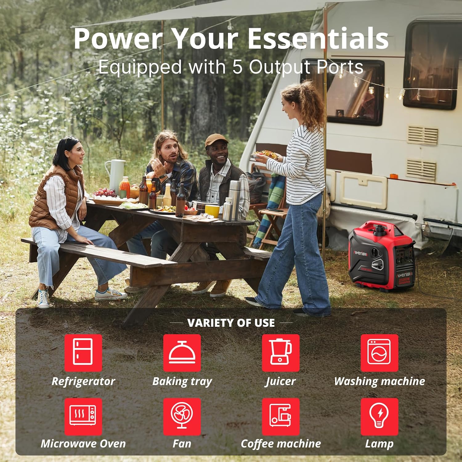 AMERISUN 2500W Inverter Generator - Long Runtime, Fuel Efficient, and CO Sensor for Camping, Emergencies, EPA Compliant