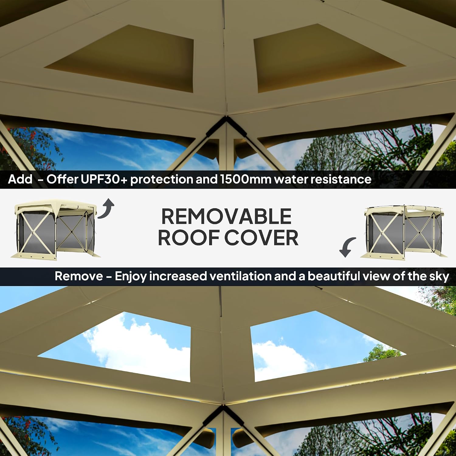 Outsunny Pop Up Gazebo Screen Tent House, 11 x 11ft with UPF30+ Removable Roof Cover, 4 Roll-up Wind Panels and Carry Bag for Camping, Patio, Backyard, Lawn, Beige