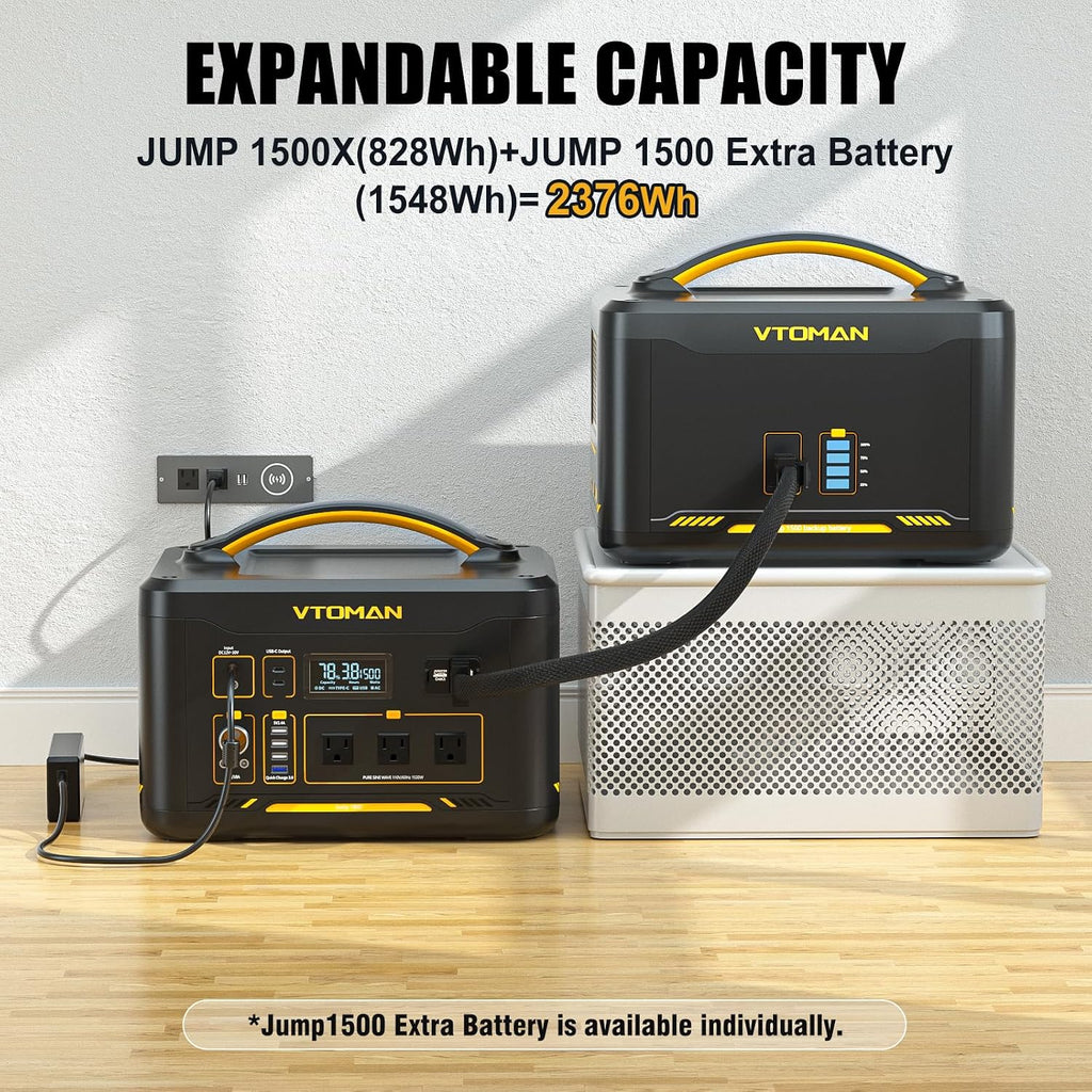 VTOMAN Jump 1500X Portable Power Station with 200W Solar Panel, 1500W/828Wh LiFePO4 Battery Solar Generator with AC Outlets, PD 100W Type-C, Large Capacity Expandable for Camping, Home Backup, Travel