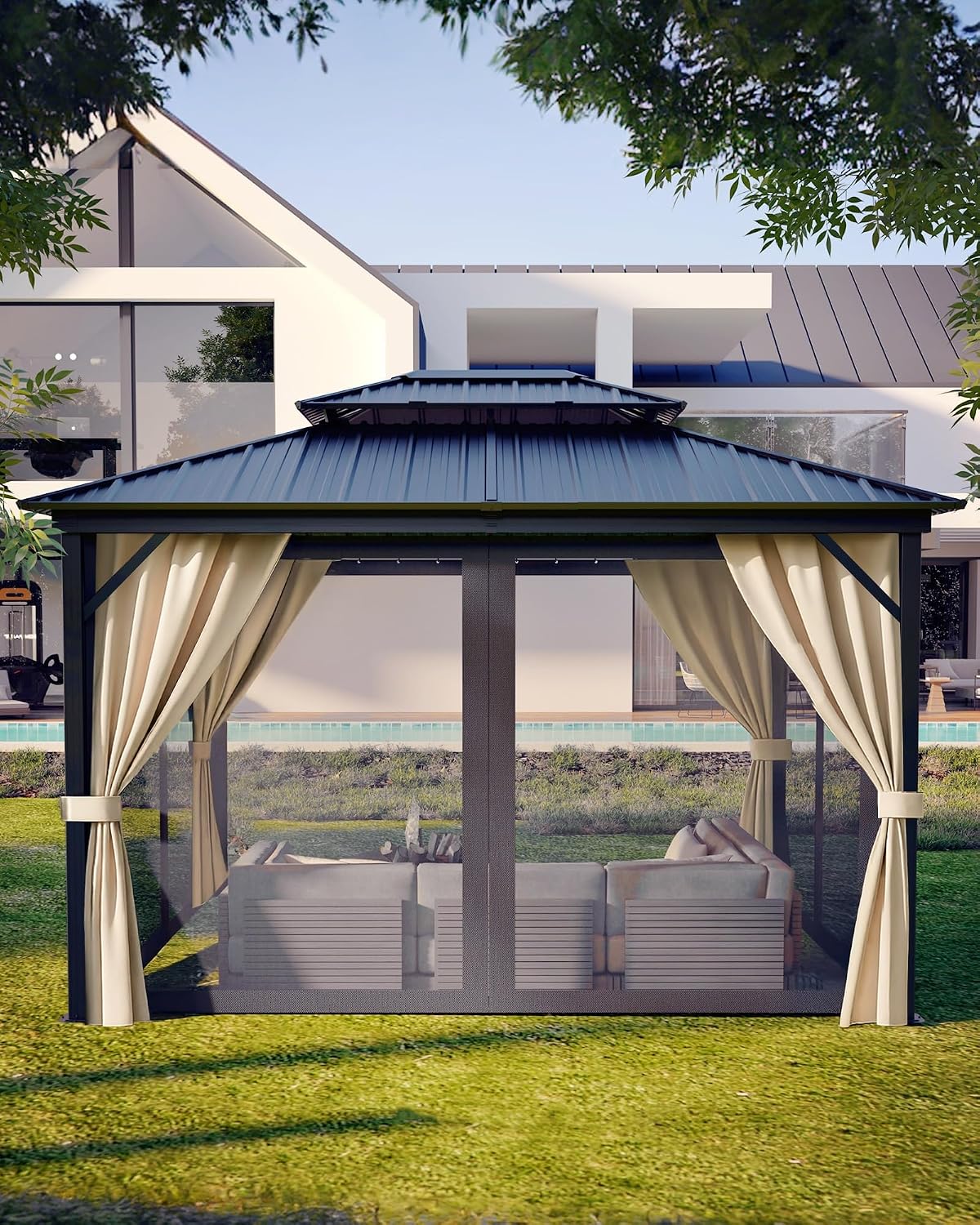 GarveeLife 10 ft x12 ft Hardtop Gazebo for All Weather, with Double Metal Roof, Aluminum Alloy Frame, Net, and Curtain, Permanent Building for Patio, Deck, Backyard, Lawn, and Garden