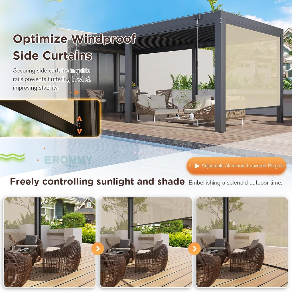 EROMMY 10x20 Louvered Pergola with Side Pull-Down Screen, Outdoor Aluminum Pergola with Thickened Frame and Adjustable Metal Rainproof Roof for Deck Patio Garden Yard, Black-Gray