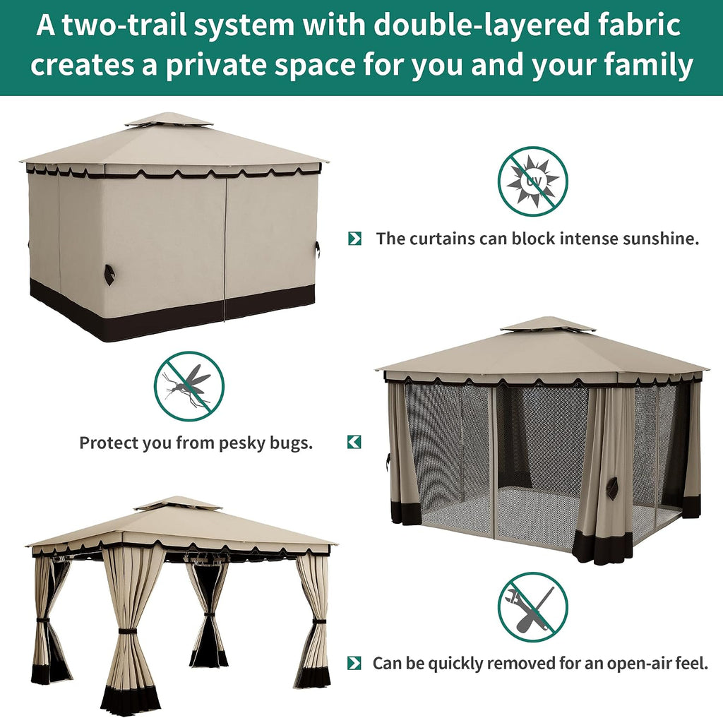 YITAHOME 10x12ft Gazebo for Patios Outdoor Double Roof Canopy Gazebo with Netting & Curtains, Soft Fabric Top Garden Winds Tent with Steel Frame for Lawn, Garden, Backyard and Deck (Khaki)