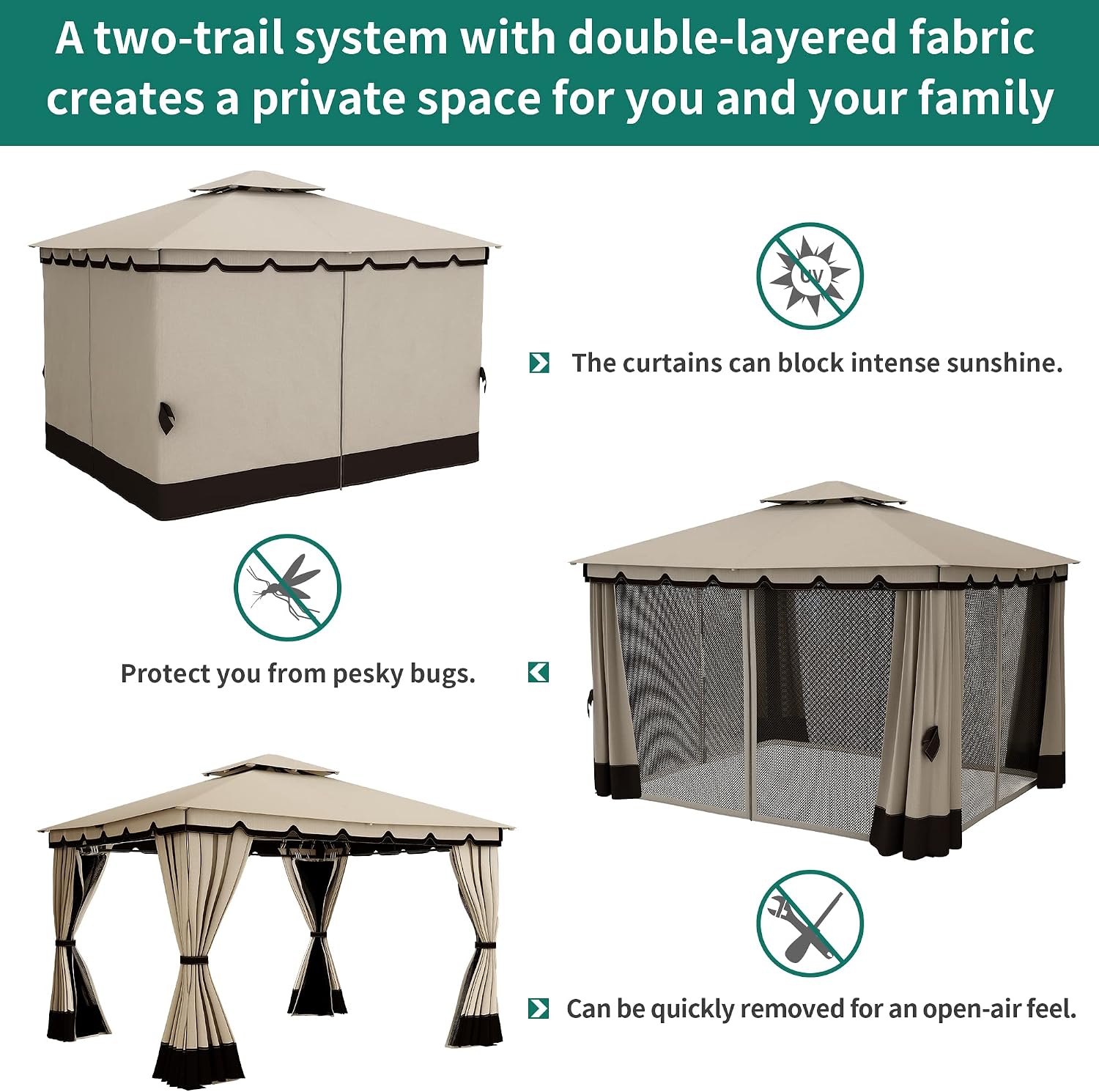 YITAHOME 10x12ft Gazebo for Patios Outdoor Double Roof Canopy Gazebo with Netting & Curtains, Soft Fabric Top Garden Winds Tent with Steel Frame for Lawn, Garden, Backyard and Deck (Khaki)