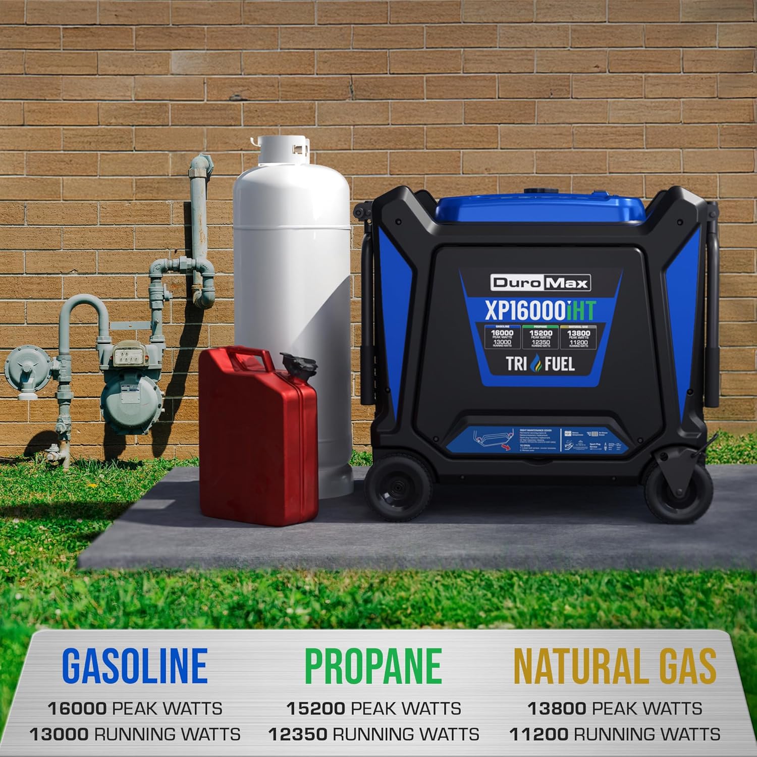 DuroMax XP16000iHT 16,000-Watt Tri Fuel Portable Digital Inverter Generator - Gas, Propane & Natural Gas, Remote Electric Start, Whole Home Power Backup, Transfer Switch Ready, RV & Emergency Ready