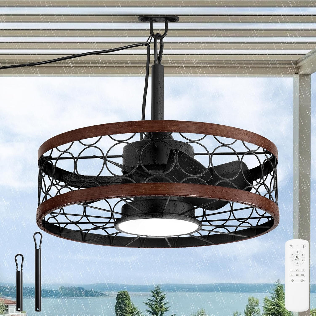 LEDIARY Outdoor Ceiling Fan with Light and Remote,Waterproof Gazebo Fan with Hanging Hook,6 Speeds, 3CCT, 20 Inch Caged Plug in Ceiling Fan for Patios,Porch, Pergola,Canopy