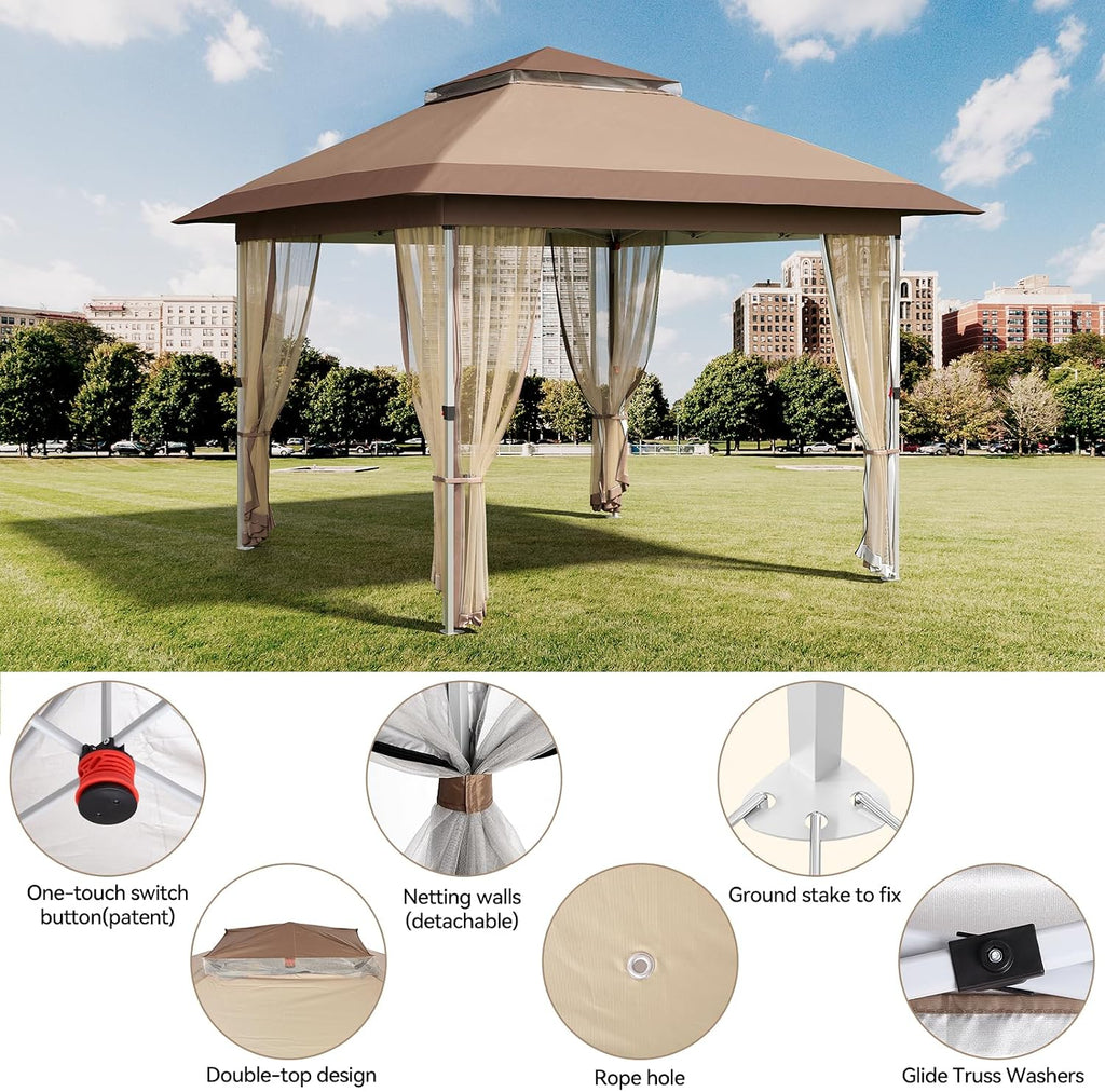GarveeLife 12 ft x12 ft Gazebo Outdoor Pop up Canopy Tent with Curtains and 144 Square Shelter for Patio,Backyard Party, with Mosquito Netting, 2-Tiered Vented Top, Khaki