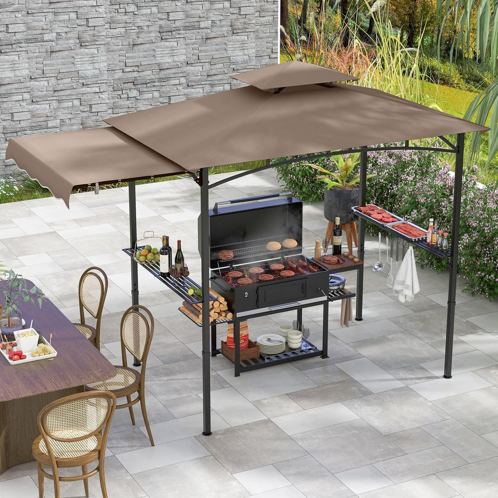 HAPPYGRILL Outdoor Grill Gazebo Canopy 11 x 5 FT, Barbecue Canopy with Double-Tiered Top, 2 Side Shelves, Hanging Hooks, Bottle Opener, Metal Frame, BBQ Grilling Shelter