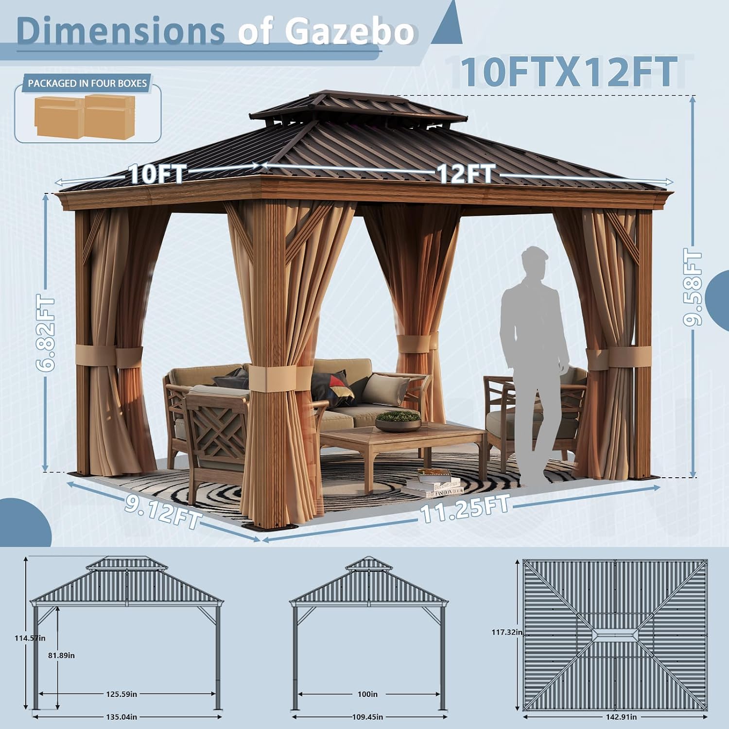 Aoxun 10' x 12' Gazebo, Wooden Finish Coated Aluminum Frame Canopy with Dual-Layer Galvanized Steel Hardtop Top, Outdoor Metal Gazebo with Privacy Curtains and Netting, for Deck, Patio and Backyard