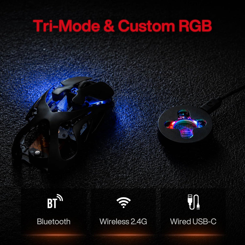 Angry miao AM Infinity Wireless Gaming Mouse, 49g Magnesium-Aluminum, PAW3950 30K DPI, 8K Polling, Anti-Double Click Optical-Micro Switches, Hot-Swap Battery, Tri-Mode RGB Programmable Mouse for FPS
