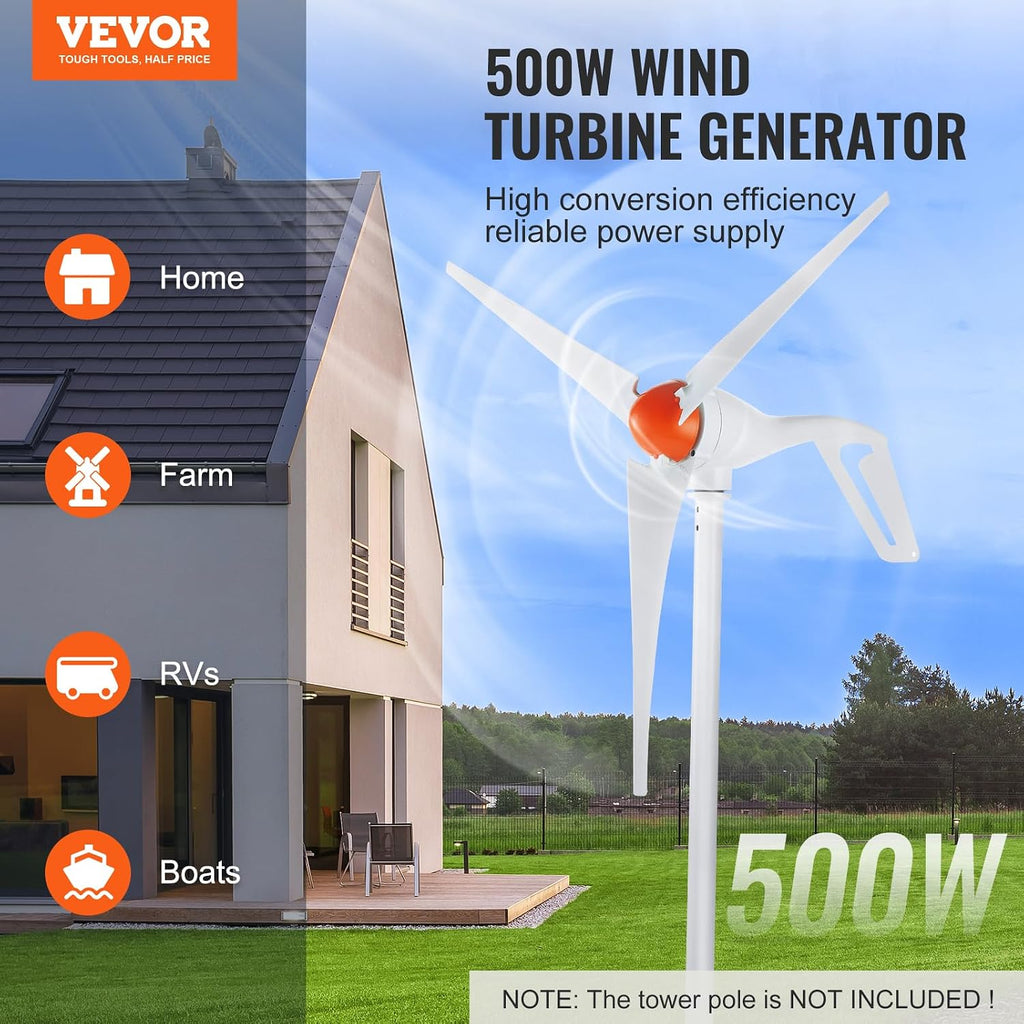 VEVOR 12V-500W Wind Turbine Generator Kit with Anemometer, 3-Blade Wind Power Generator, MPPT Controller & Adjustable Windward Direction, Suitable for Home, RVs, Boats, Farm