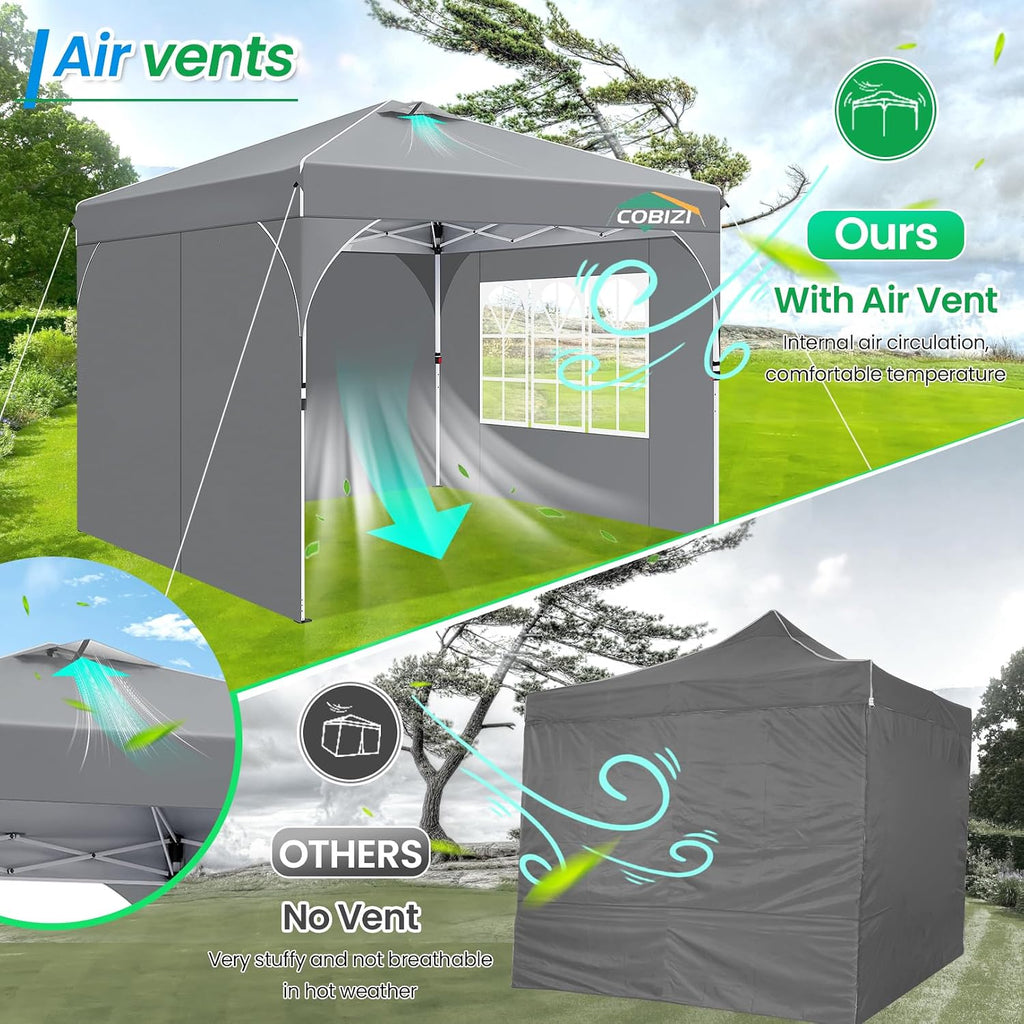 COBIZI 10x10 Pop Up Canopy with 3 Removable Sidewalls, Easy Pop Up Comercial Instant Canopy with One Push Center Lock, Waterproof Canopy with Sidewalls for Event, Rope & Stakes & Sandbags, Gray