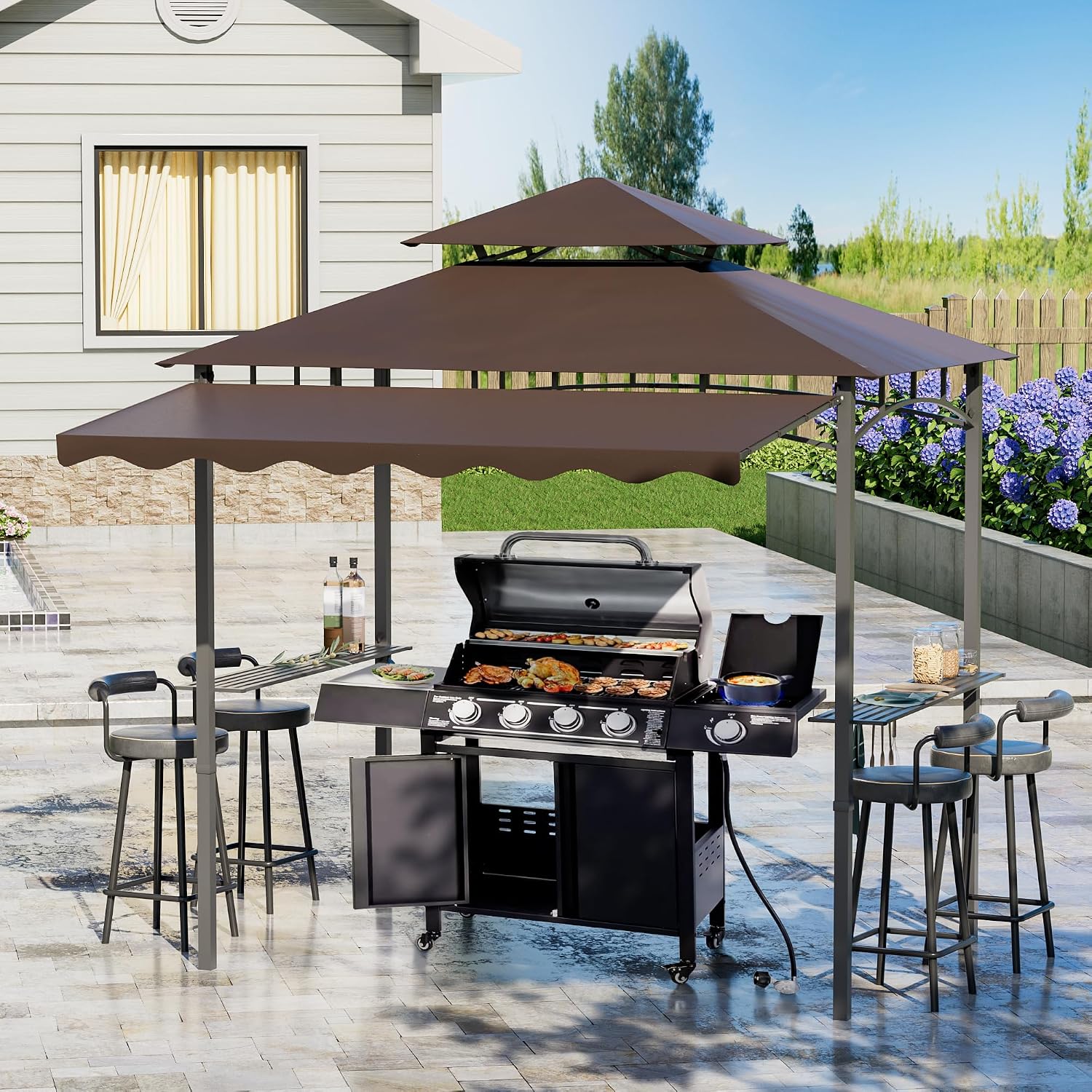 Grepatio Outdoor BBQ Gazebo, 8x8 Ft Patio Grill Gazebos with Extra Adjustable Shadow, 2-Tier Grill Canopy with 2 Shelves 6 Hooks, Barbeque Gazebo Canopy for Backyard Garden Poolside