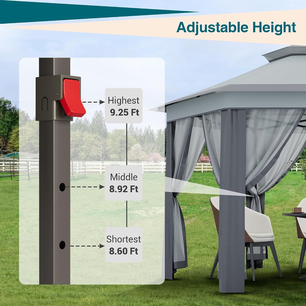 Pop-Up Gazebo 13 * 13 ft 6 Sided, Canopy Tent with Mesh Windows & Portable Carry Bag, Adjustable Tent Outdoor Pergola for Backyard & Patio Furniture (Light Grey)