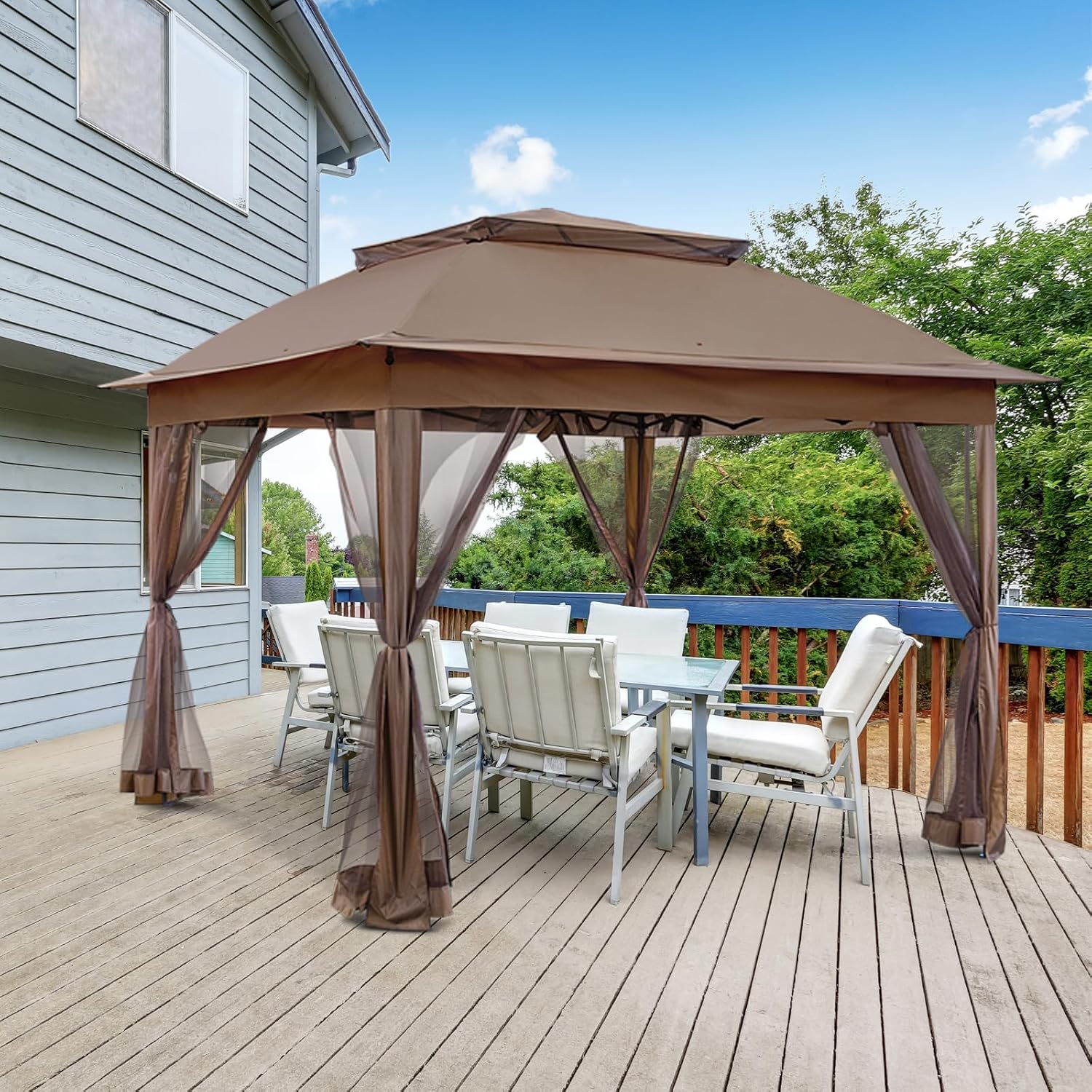 EAGLE PEAK 11x11 Pop Up Gazebo with Mesh Netting, Easy Up Screened Canopy for Patio and Backyard, Easy Set up Outdoor Gazebo (Brown)