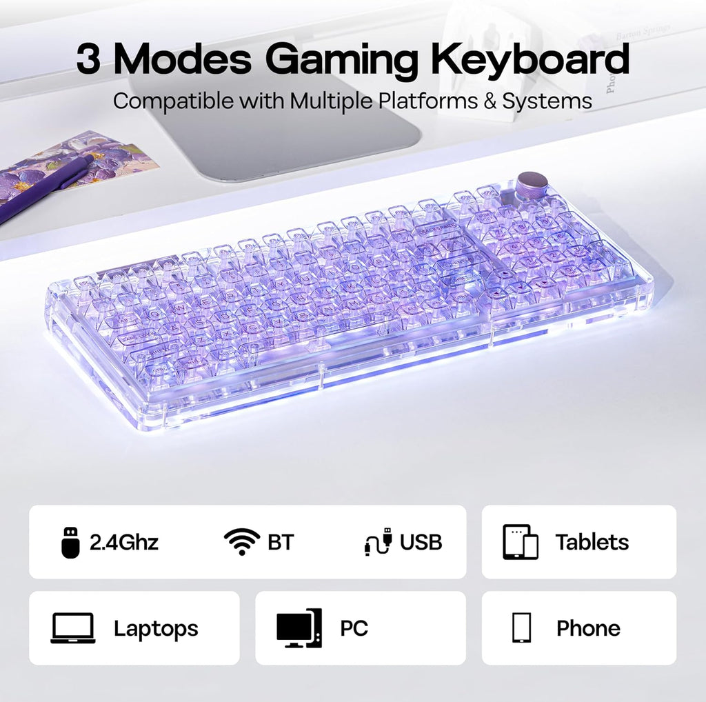 KiiBoom Phantom 98 Crystal Mechanical Gaming Keyboard, Transparent Keyboard with RGB Backlits, Hot-Swappable, Shine Through Clear Keycaps, 3 Modes Wireless, 8000mAh Battery, NKRO for Win/Mac (Purple)