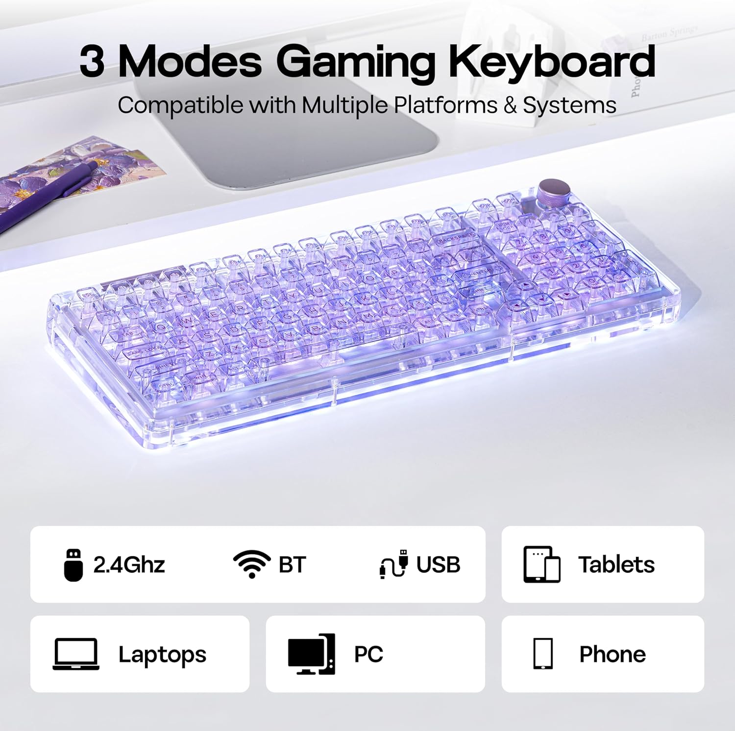 KiiBoom Phantom 98 Crystal Mechanical Gaming Keyboard, Transparent Keyboard with RGB Backlits, Hot-Swappable, Shine Through Clear Keycaps, 3 Modes Wireless, 8000mAh Battery, NKRO for Win/Mac (Purple)