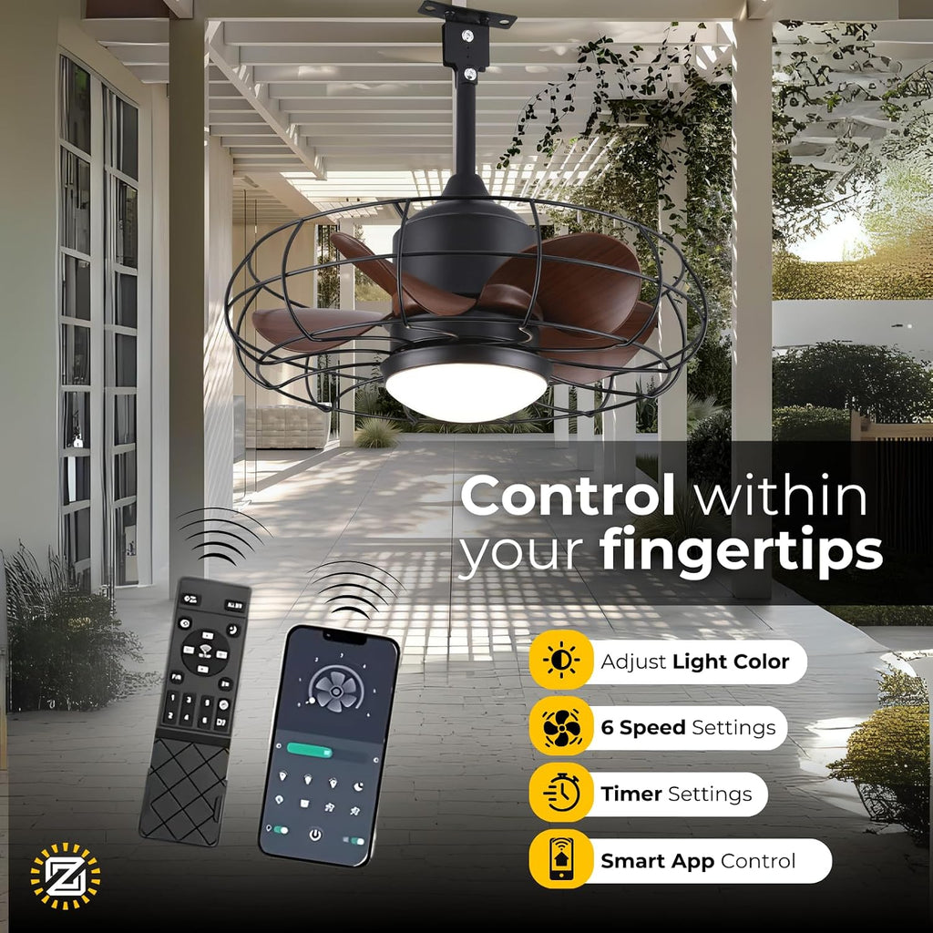 CondoMounts ZeboZap ZZFANC201B 20' Outdoor Ceiling Fan with Lights for Patios, Gazebo and Pergola. Plug in Gazebo Ceiling Fan with Remote Control, Waterproof Caged Hanging Fans with Hook and strap