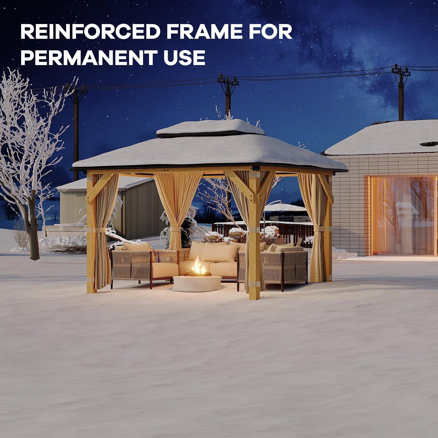 10 x 12 Ft Wood Gazebo, Upgrade Wooden Frame, Double Galvanized Steel Roof, Hardtop Gazebo with Nettings and Curtains for Backyard, Patio, Garden and Lawn, Khaki