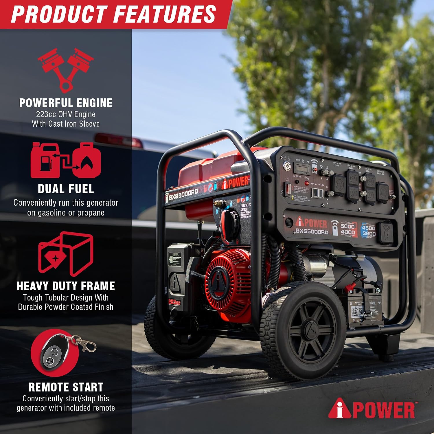 A-iPower 5000-Watt Remote Start Dual Fuel Portable Generator CO Sensor Shutdown, Heavy Duty Generators with 223cc OHV Engine For Jobsite, RV, Home Backup, Emergency(GXS5000RD)