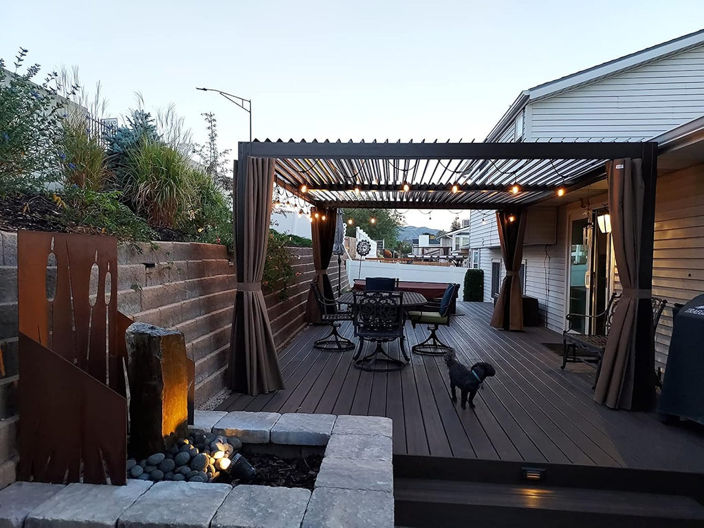 Domi Louvered Pergola 10' × 13', Outdoor Aluminium Pergola with Adjustable Roof, Curtains and Netting, Hardtop Gazebo for Patio, Deck, Garden, Yard, Beach