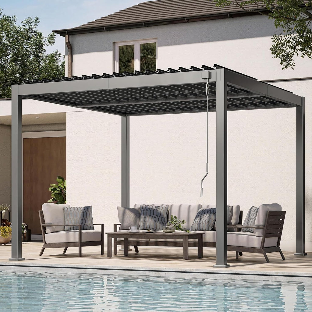 Louvered Pergola, 10 x 10 Aluminum Pergola, Outdoor Modern Design with Adjustable Roof and Hidden Drainage System, Durable for Garden, Yard, Deck (Dark Gray, 10x10)