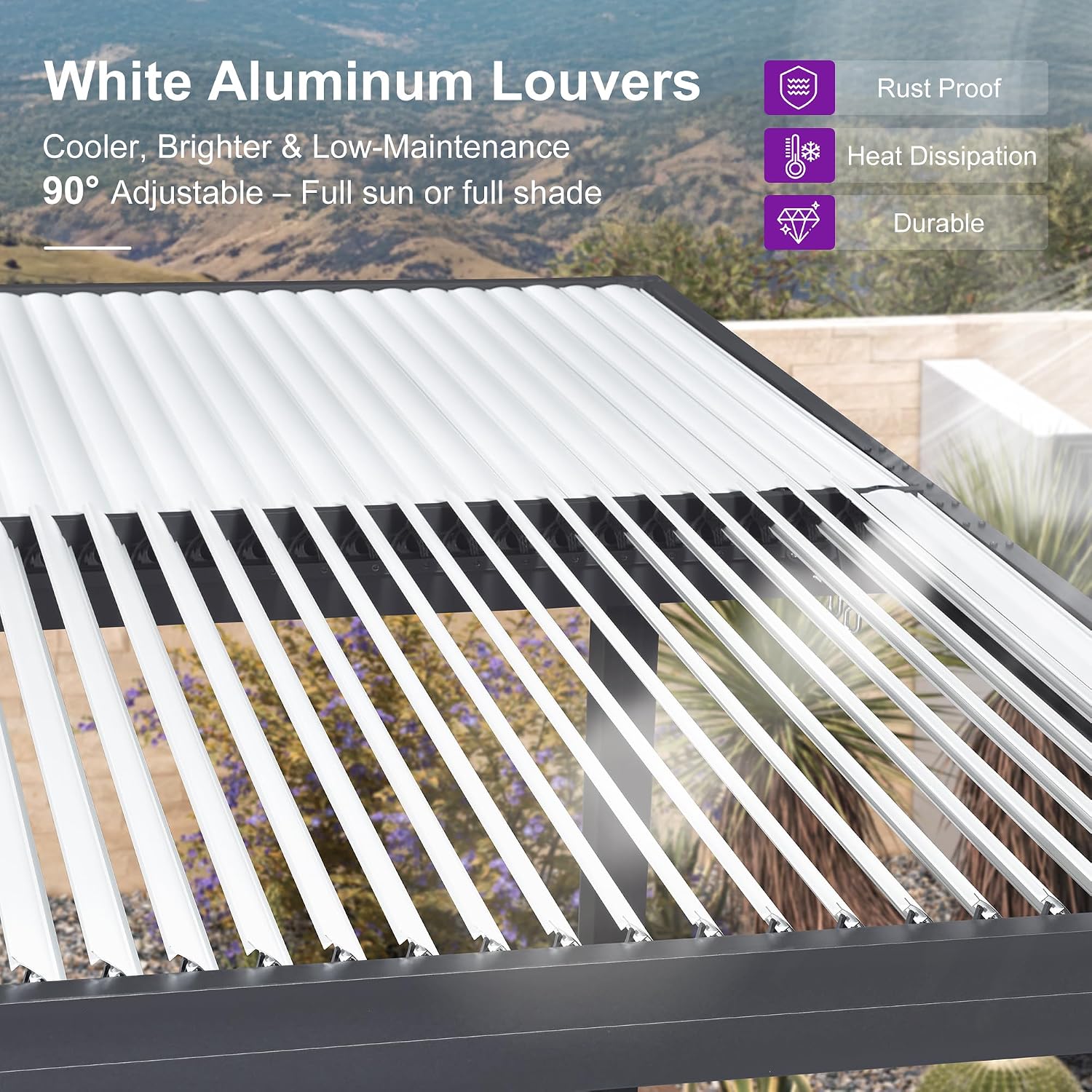 PURPLE LEAF Louvered Pergola 10' x 14' Outdoor Aluminum Pergola with Hidden Drainage System and White Adjustable Sun Shade Roof Patio Hardtop Small Pergolas for Patio Dining Side Yard Terrace Lounge