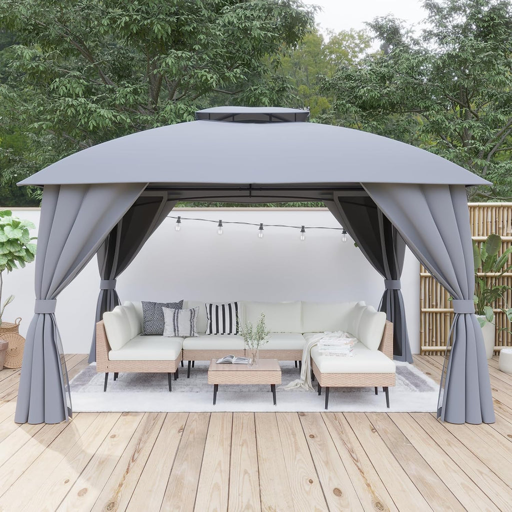 Outdoor Gazebo 10x12 with Double Roof, Patio Gazebo with Netting & Curtain Included. Trapezoidal Support System for Enhanced Stability, Perfect for Patio, Deck, Backyard