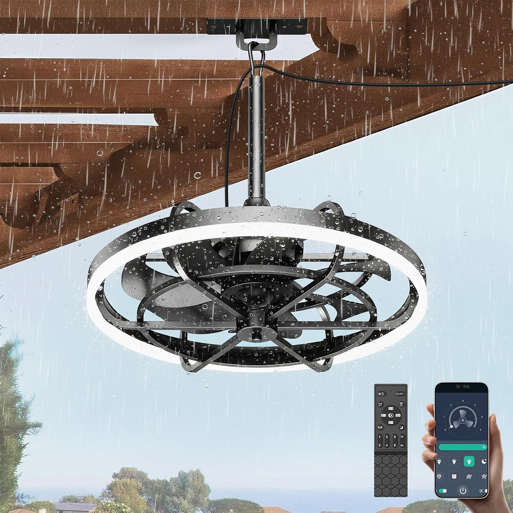 Outdoor Ceiling Fans with Lights for Patios Waterproof, 20' Gazebo Fan Outdoor Hanging & Hook-3CCT Dimmable LED,Black Plug in Caged Ceiling Fan with Light & Remote for Outside Porch, Pergola