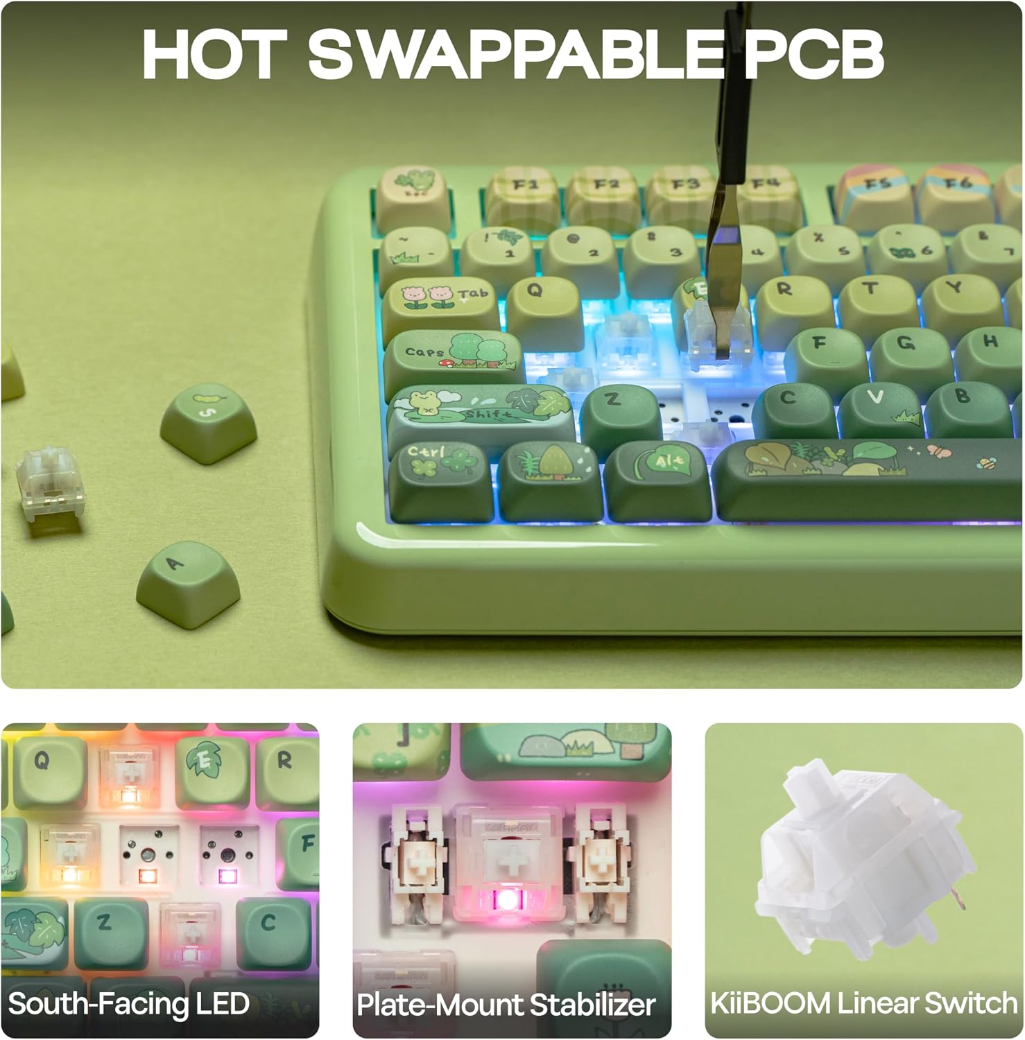 KiiBoom Phantom81 Lite 75% Gasket Mechanical Keyboard, QMK&VIA Programmable, 3 Modes Wireless Gaming Keyboard, RGB Backlights, ABS Case + UV Tech, Hot-Swappable for Windows/Mac/Linux (Green)