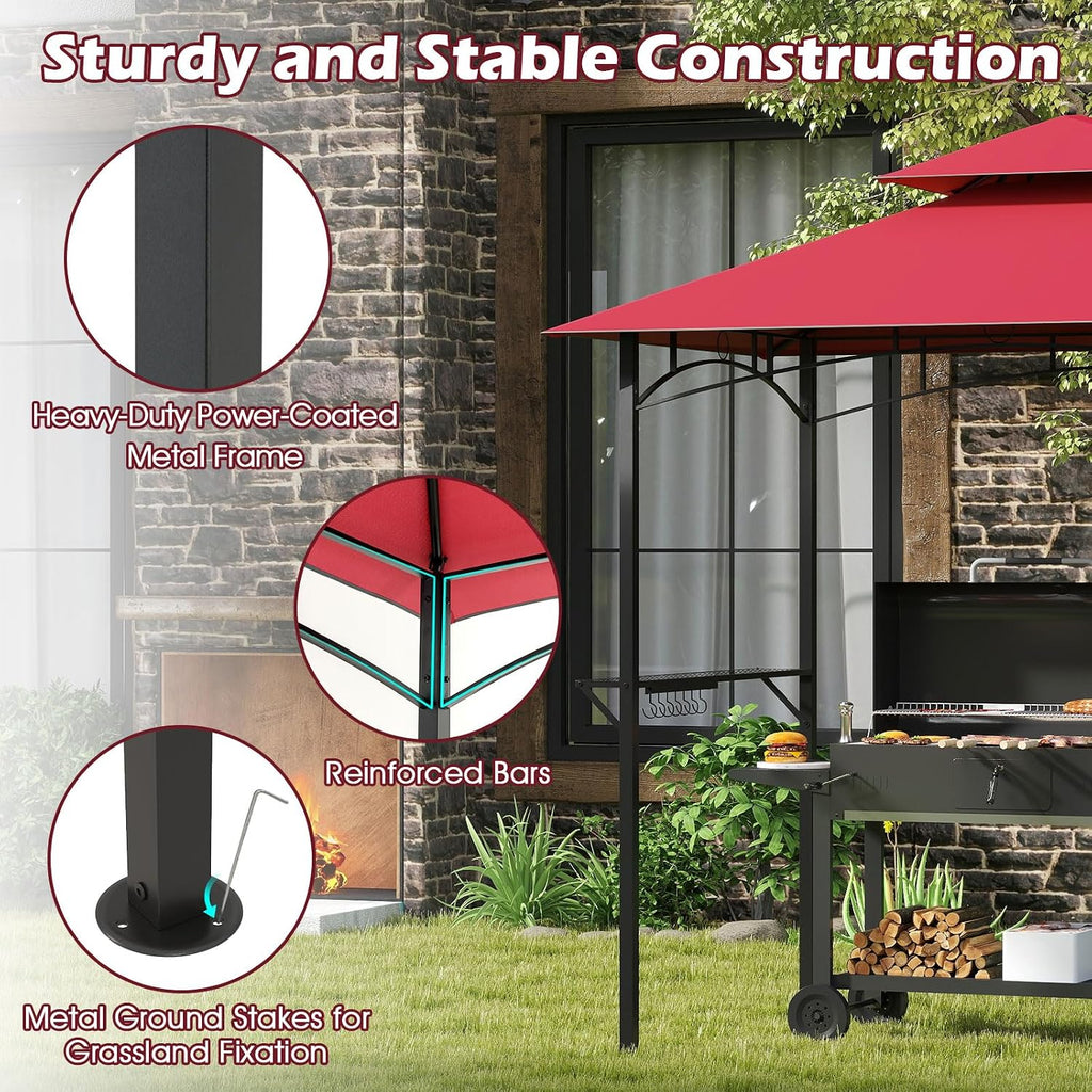 Tangkula 8x5 Ft Grill Gazebo, 2-Tier Barbecue Gazebo with 2 Shelves, 7 Hooks, Metal Frame, Outdoor Grill Canopy for Backyard Garden Poolside (Wine)